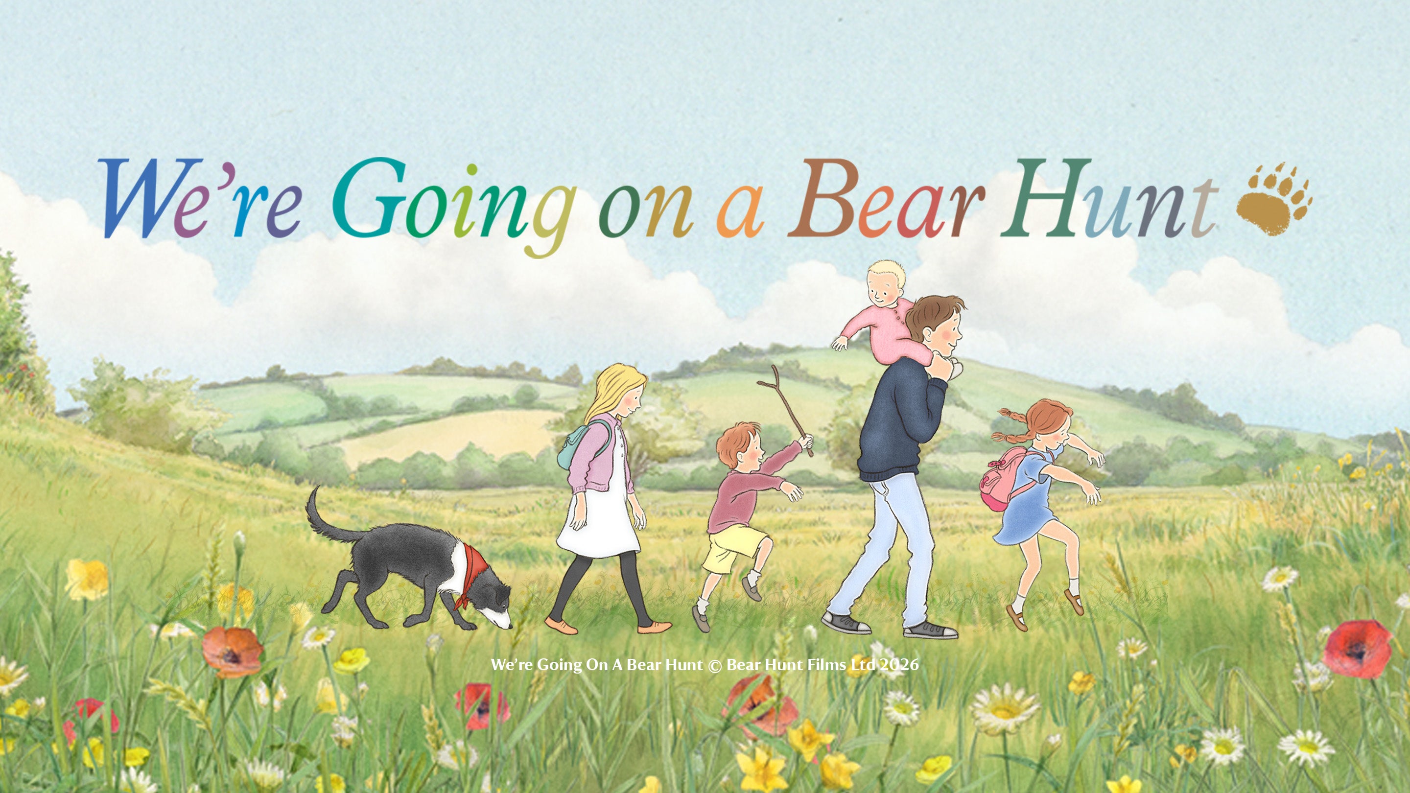An illustration of a family and dog walking across a field