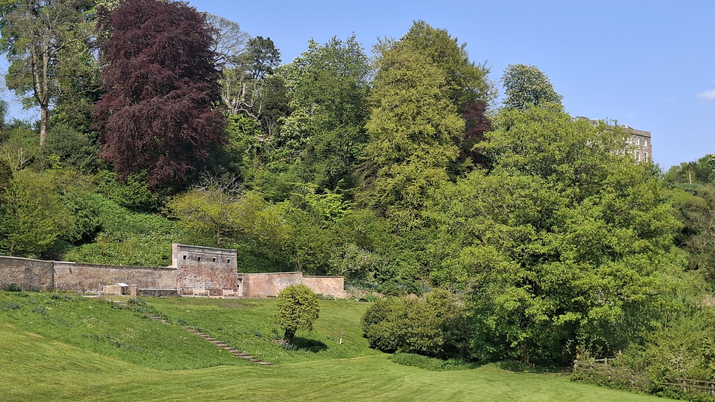 View across Georgian pleasure garden towards old glasshouse at Newark Park