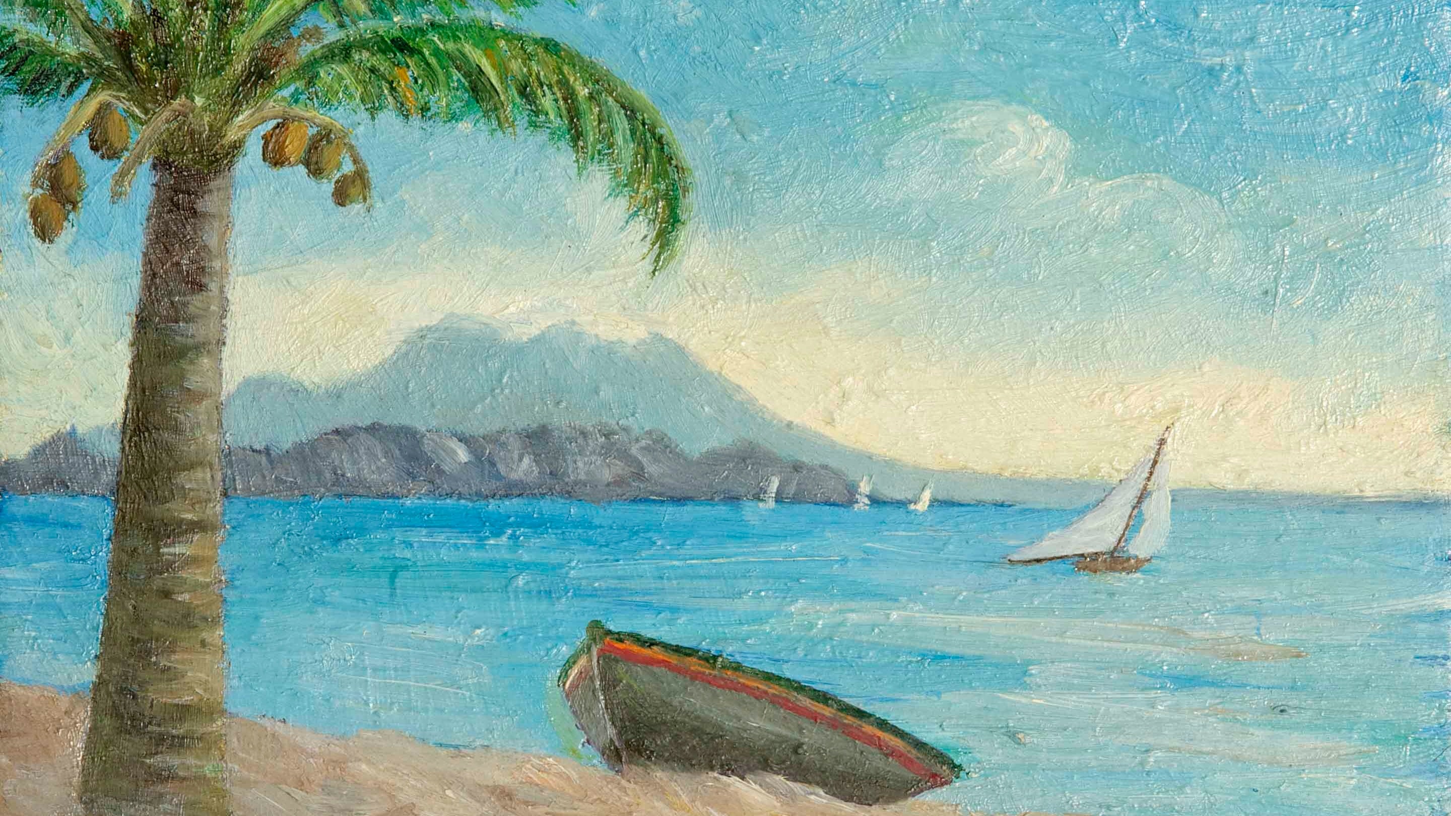 The painting, View of Nevis from St Kitts with Palm Tree, by Charles Paget Wade from 1883. It shows a palm tree and boat on a beach, sailing boats on the water and a mountain in the background, and is found at Snowshill Manor, Gloucestershire.