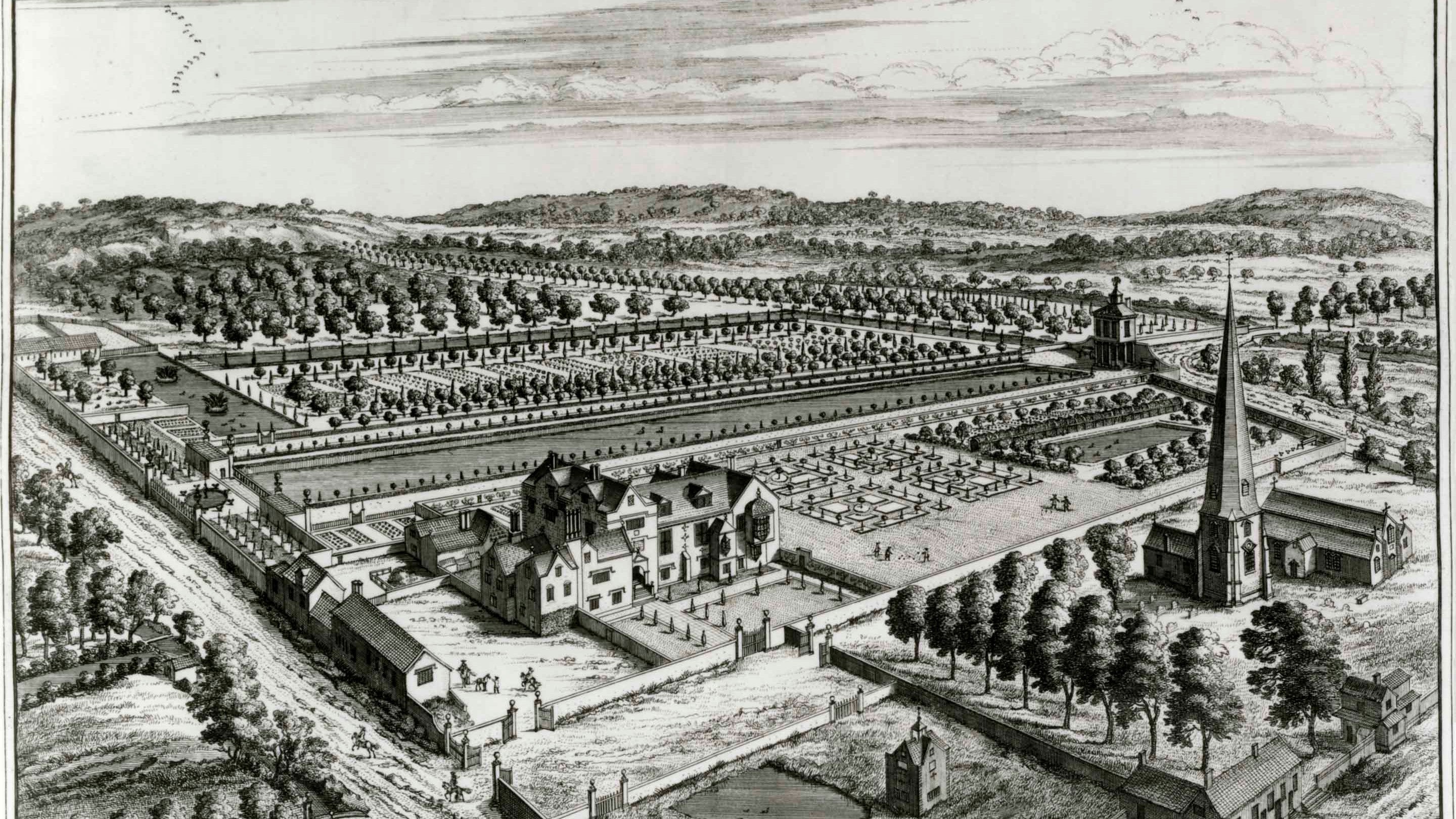 An engraving of Westbury Court by Kip from circa 1707 at Westbury Court Gardens, Gloucestershire
