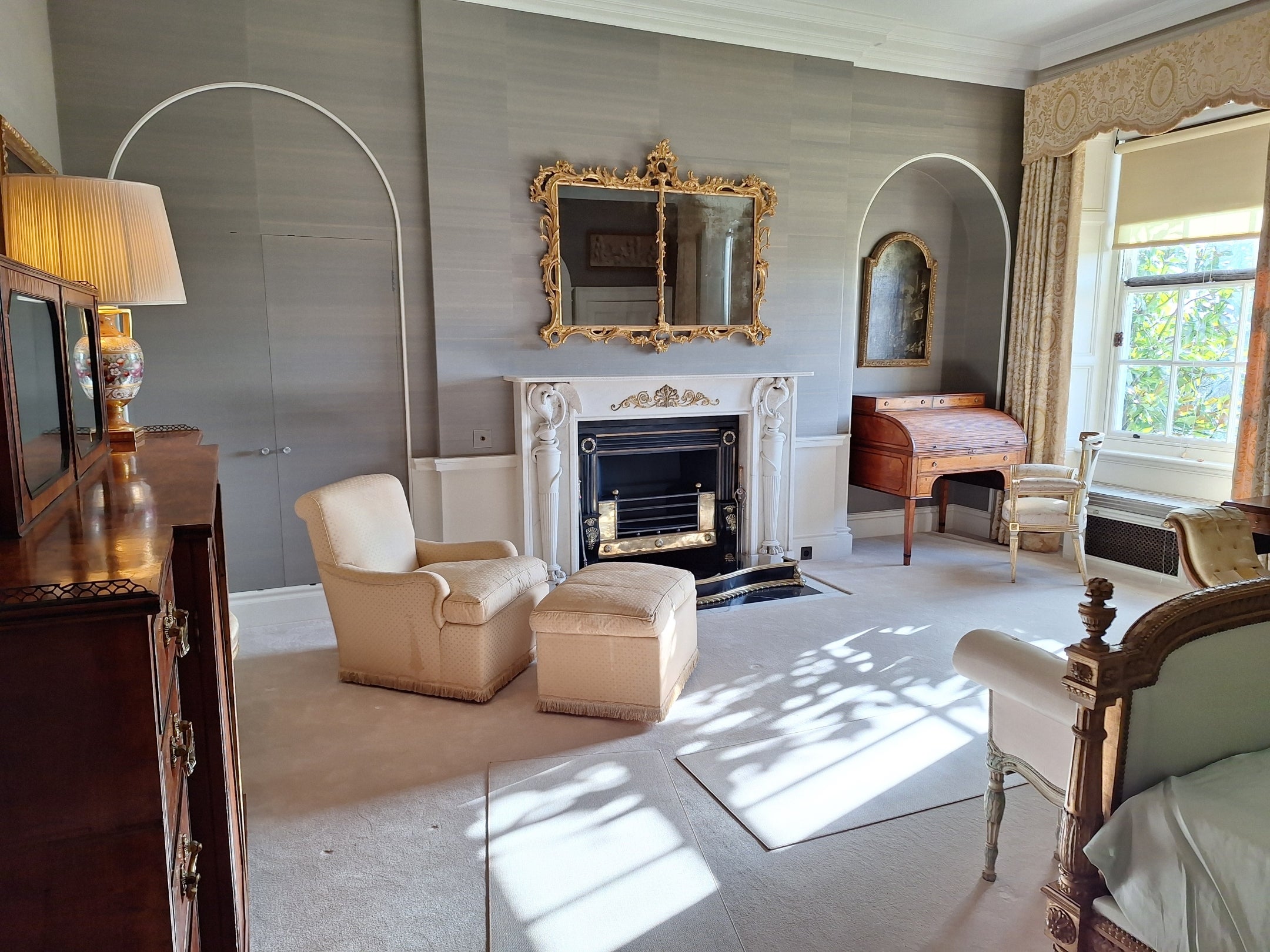 Interior of the South Suite bedroom at Hinton Ampner showing completed restoration work