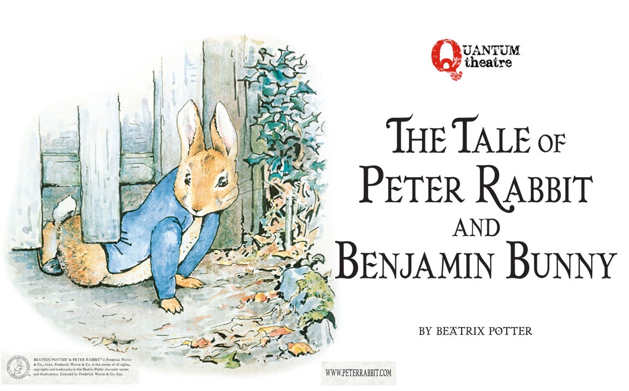 Promotional graphic for The Tale of Peter Rabbit and Benjamin Bunny by Beatrix Potter, featuring a classic illustration of Peter Rabbit in a blue jacket emerging from a garden shed, alongside the production title text.