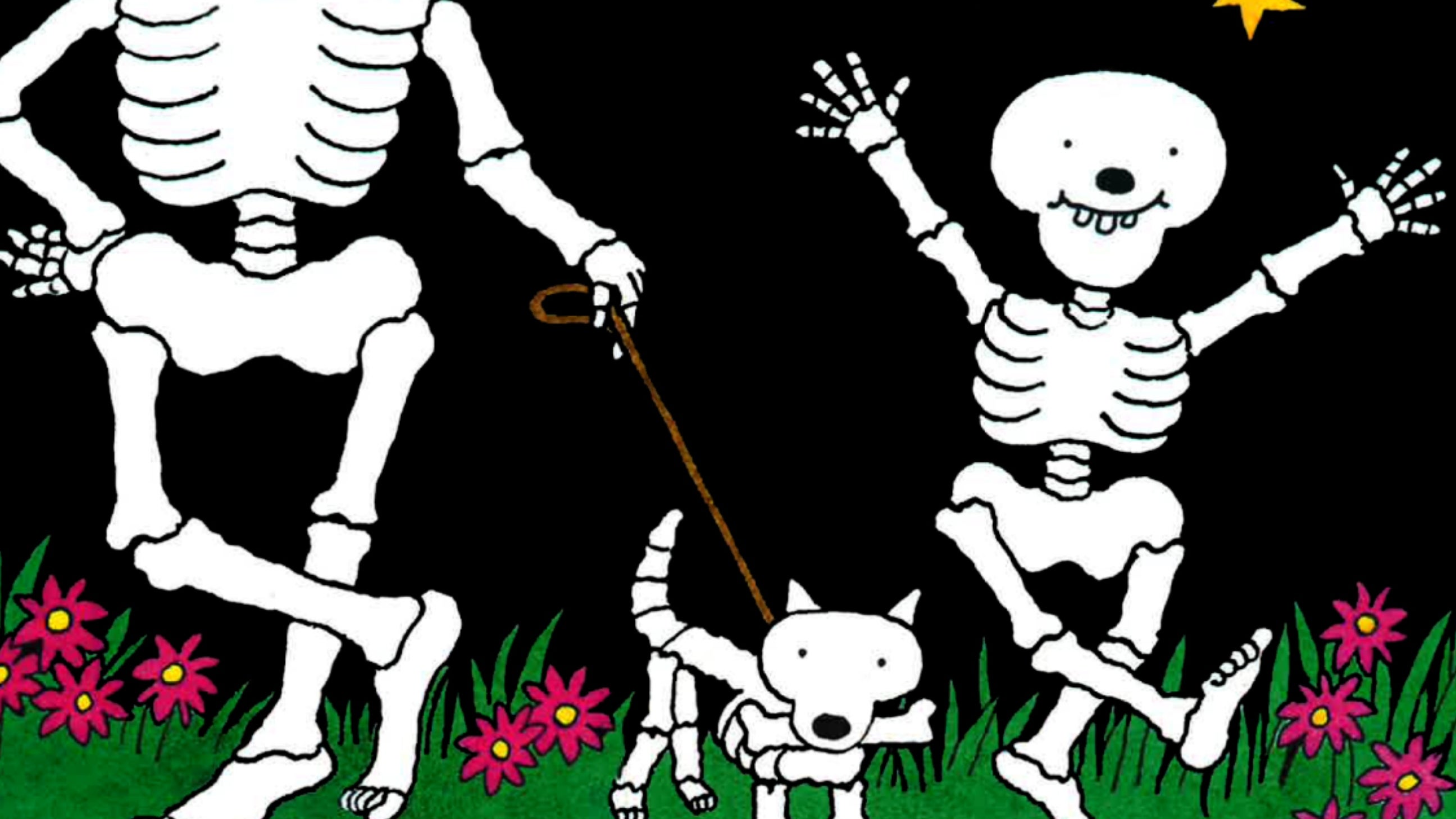 Comic children's illustration of an adult and child skeleton with skeleton dog, on black background