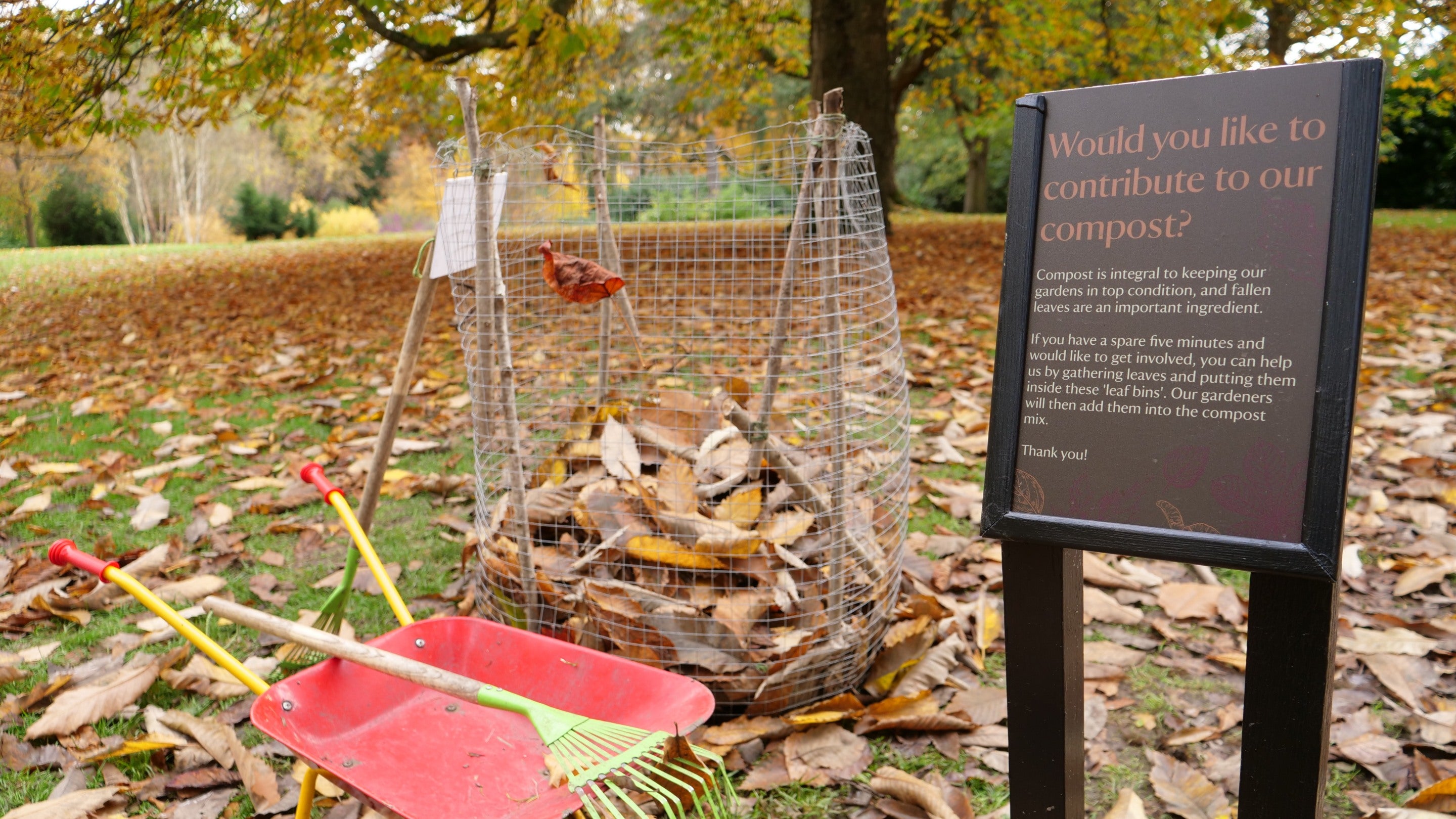 Sign, wheelbarrow, container and rake encouraging visitors to collect autumn leaves for compost at Mottisfont, Hampshire