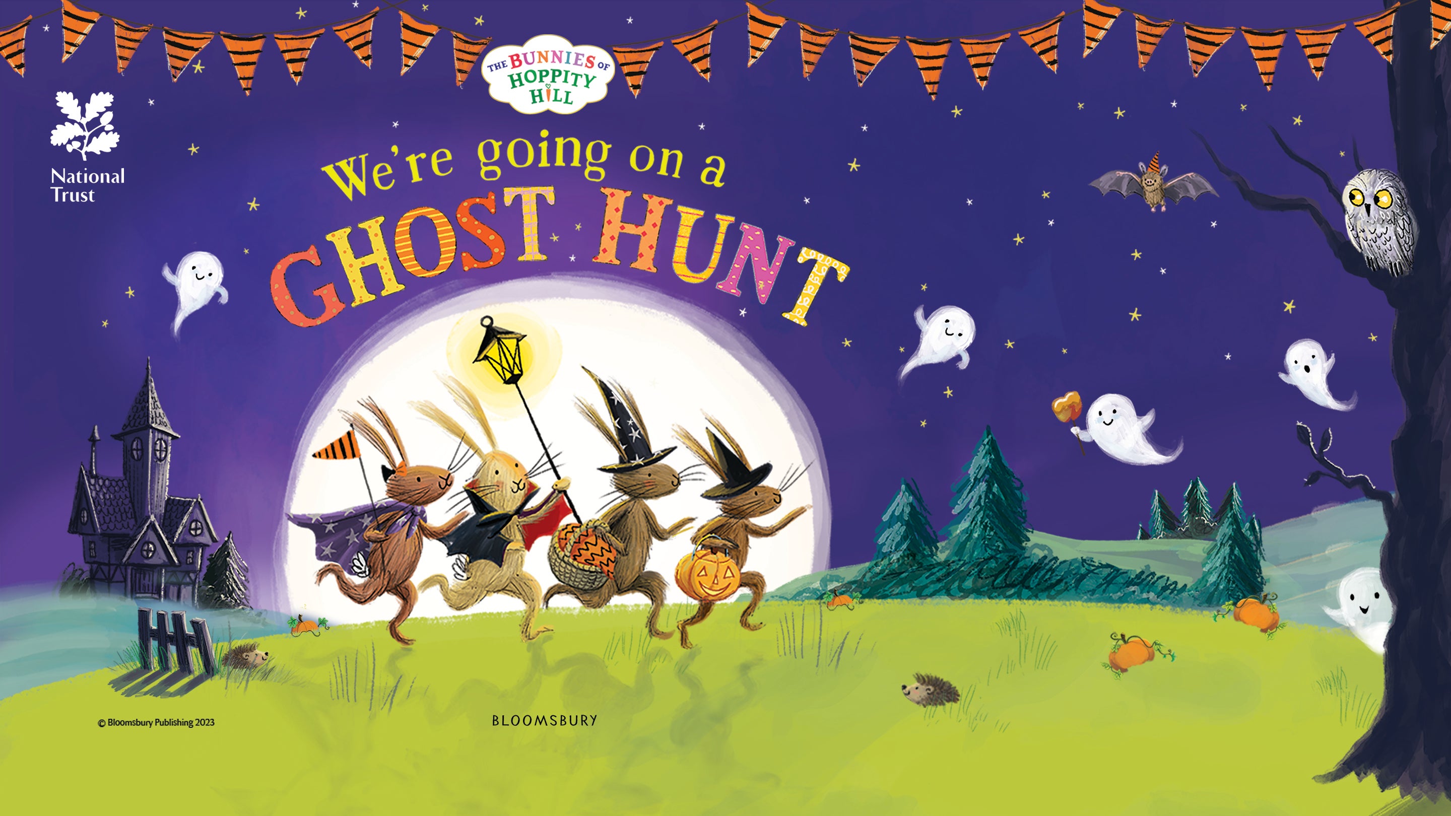 Children's book ilustration of four rabbits in Halloween costumes on hind legs running across a lawn at night, with ghosts and a spooky house in the background