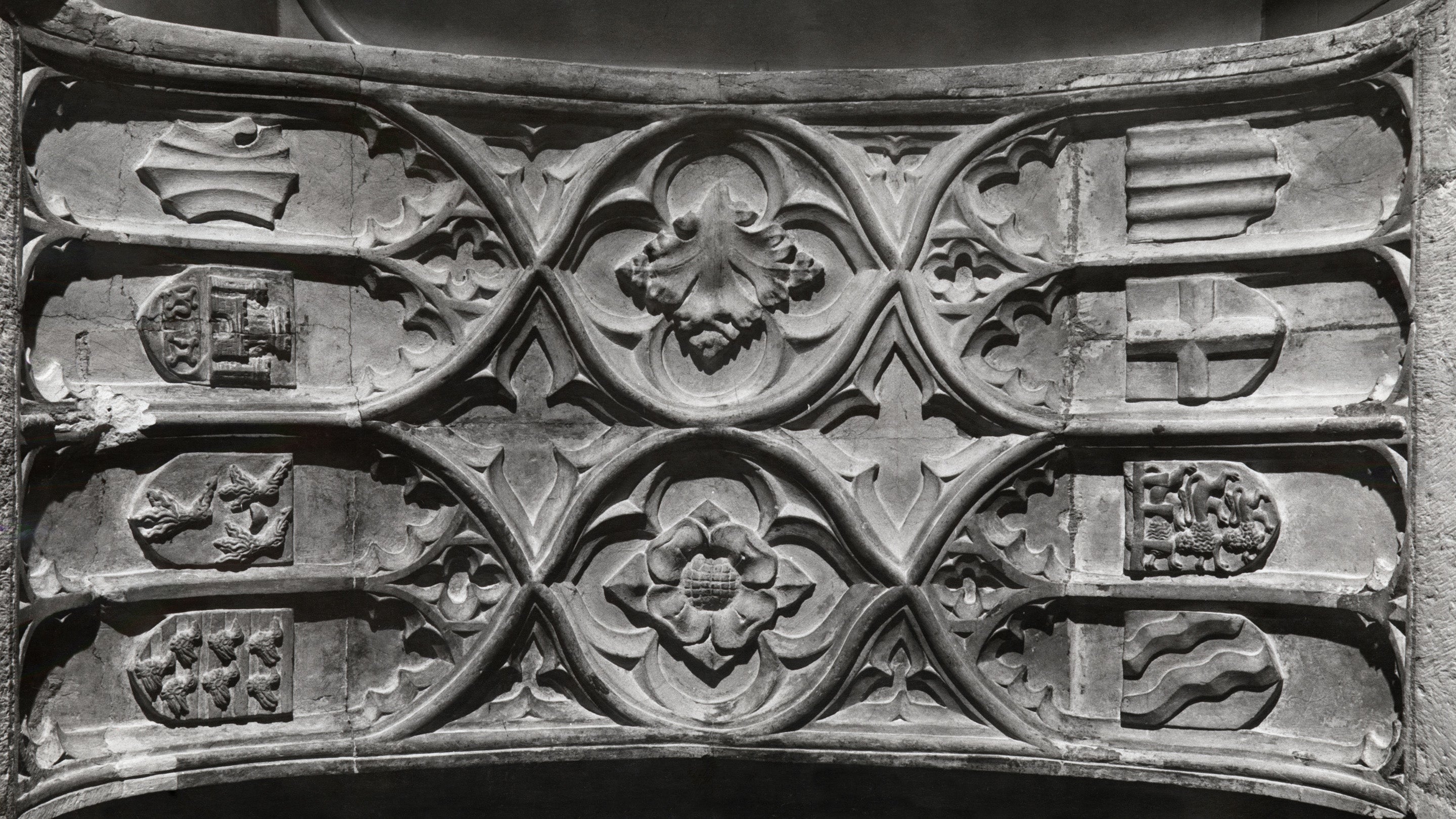 Detail of a panelled soffit of an arch in the Cellarium, the undercroft of the Prior's lodging, late twelth century, at Mottisfont, Hampshire- a rural estate which includes the Gothic remains of a thirteenth century Augustinian priory.