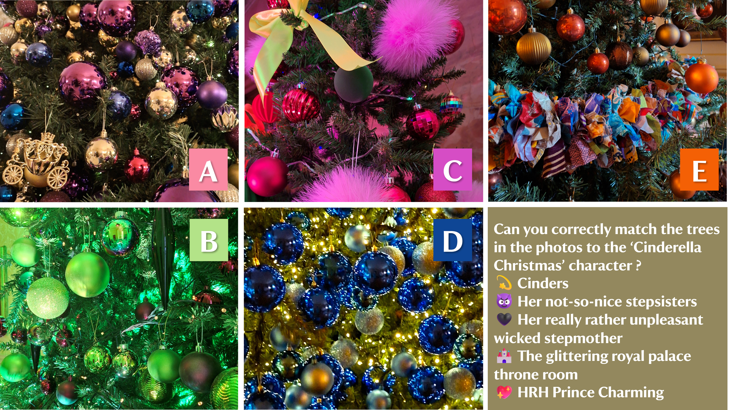 A series of 5 close-up images of Christmas trees