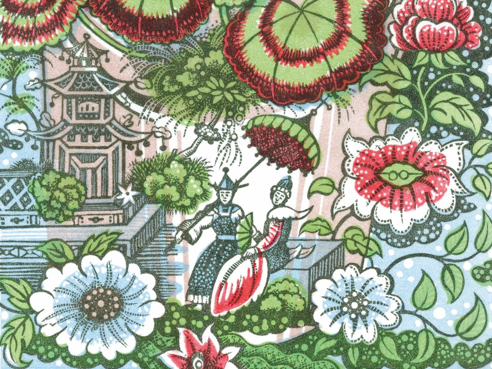 Detail from 'Pelagonium' wood engraving by Angie Lewin showing pagoda-style building, two characters and plants