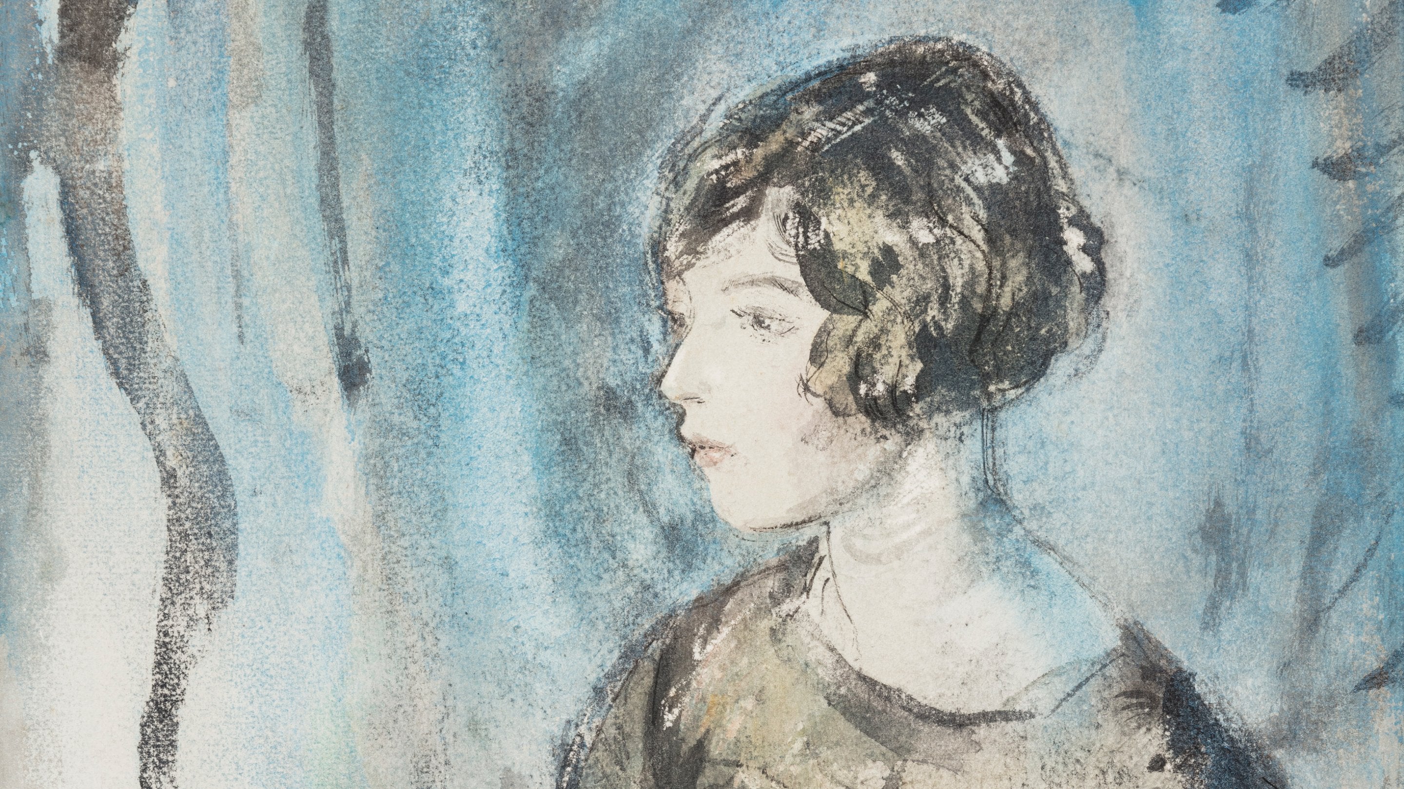 A crop of the head of a watercolour portrait of a woman