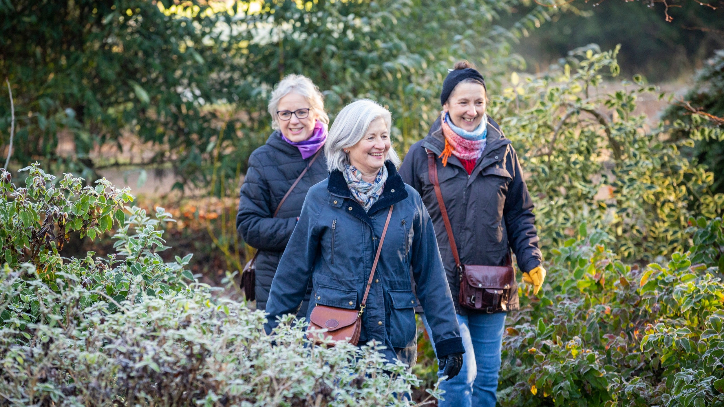 Three women in winter clothes walking between bushes in the garden at Mottisfont