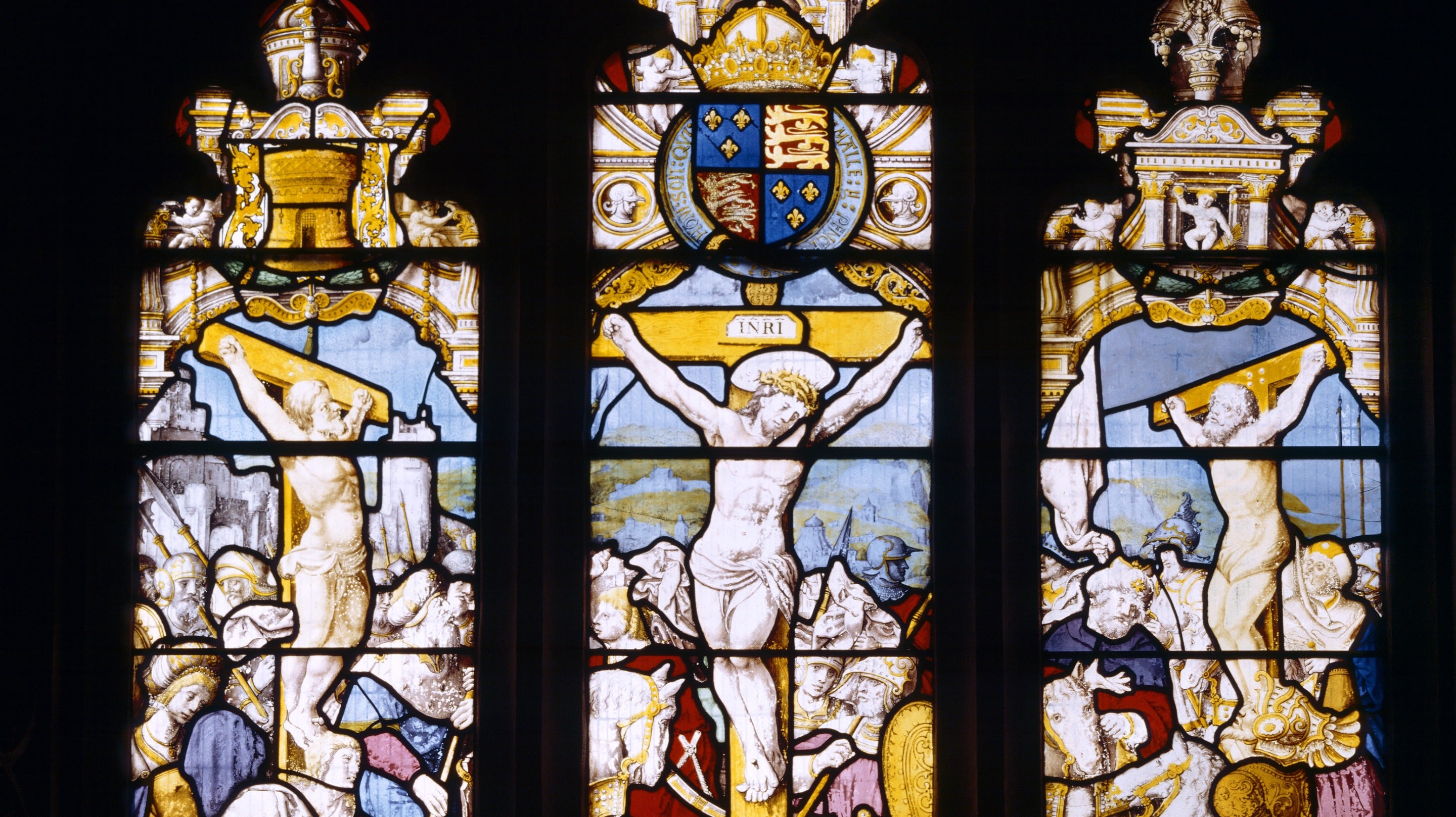 Stained glass window depicting the Crucifixion in the Chapel at The Vyne, Hampshire