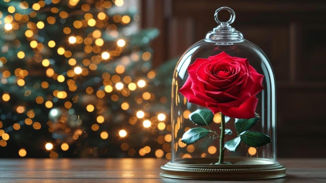 A rose sits inside a bell jar in front of twinkly lights