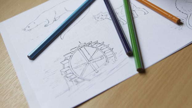 Drawing equipment and information at Winchester City Mill, Hampshire