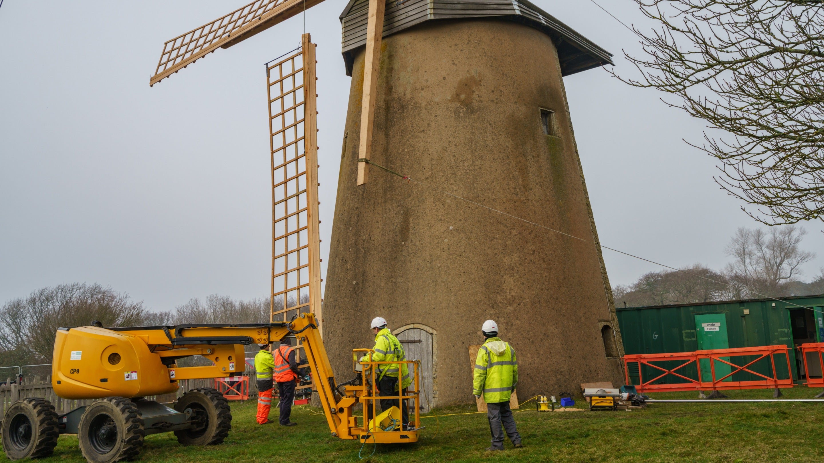 Installing the new sweeps on Bembridge Windmill, Isle of Wight, from below