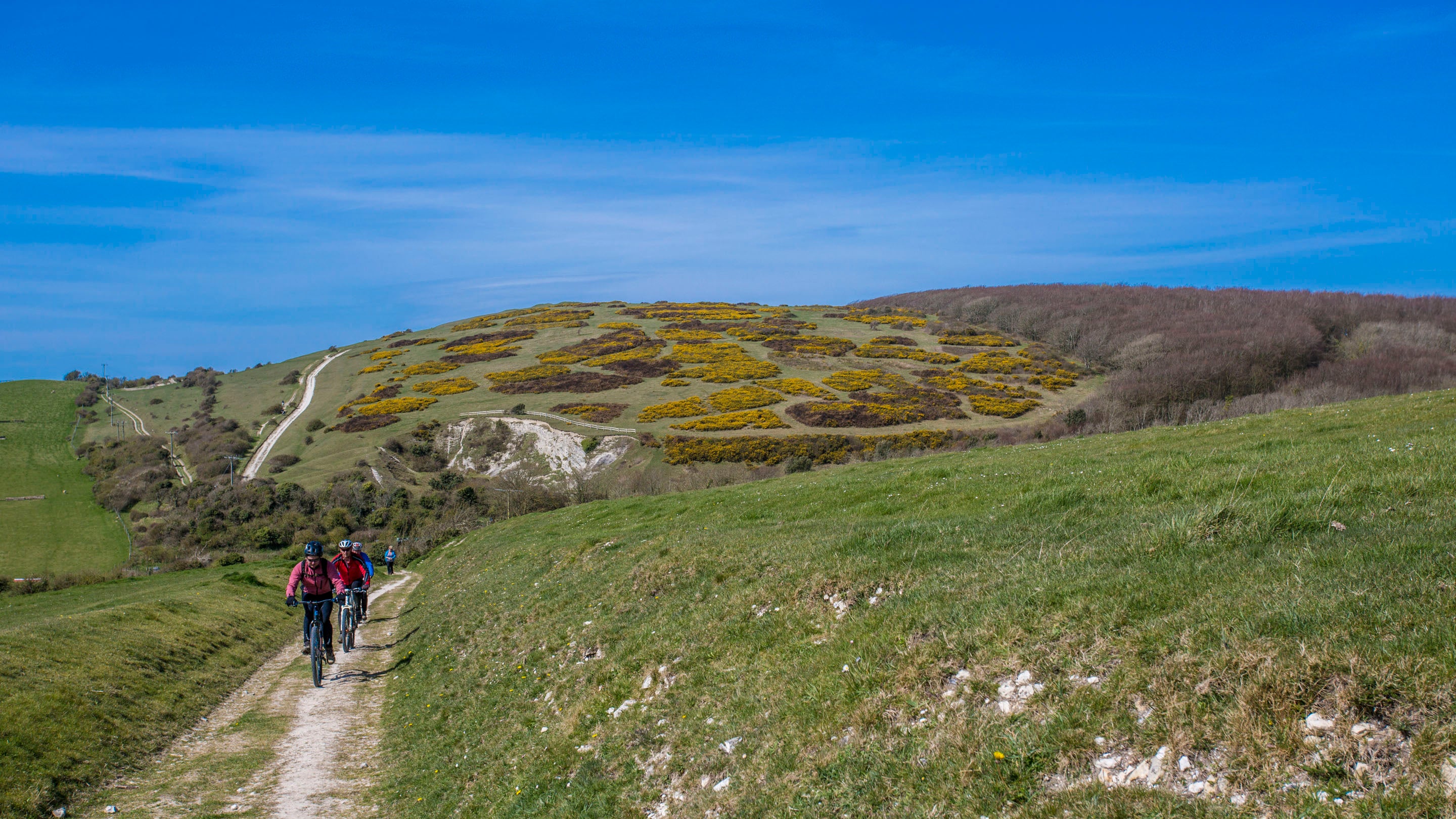 A trio of cyclists pedal towards us up the steep chalk trail with sea and downland behind