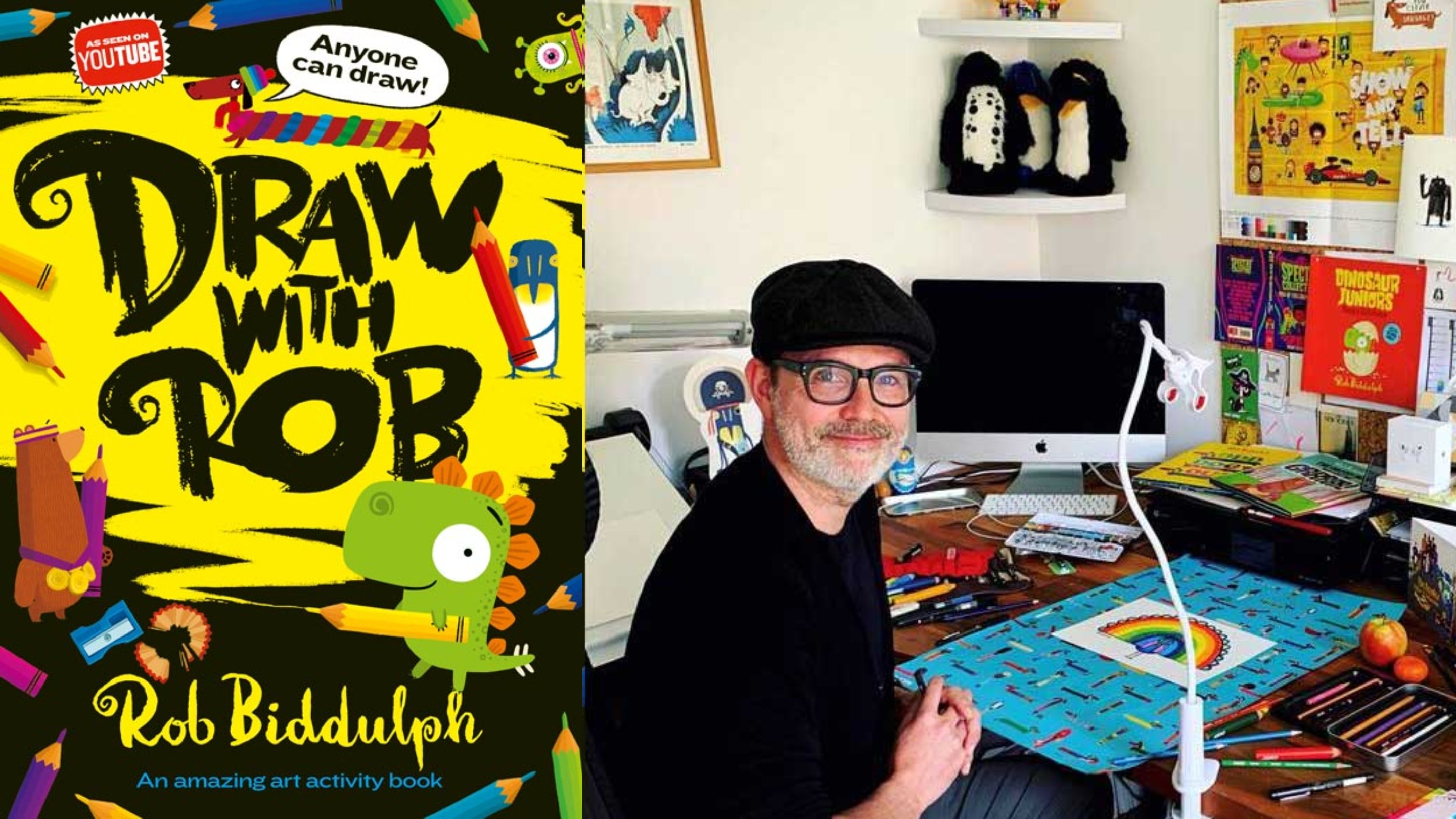 Draw With Rob activity book and author-illustrator photo.