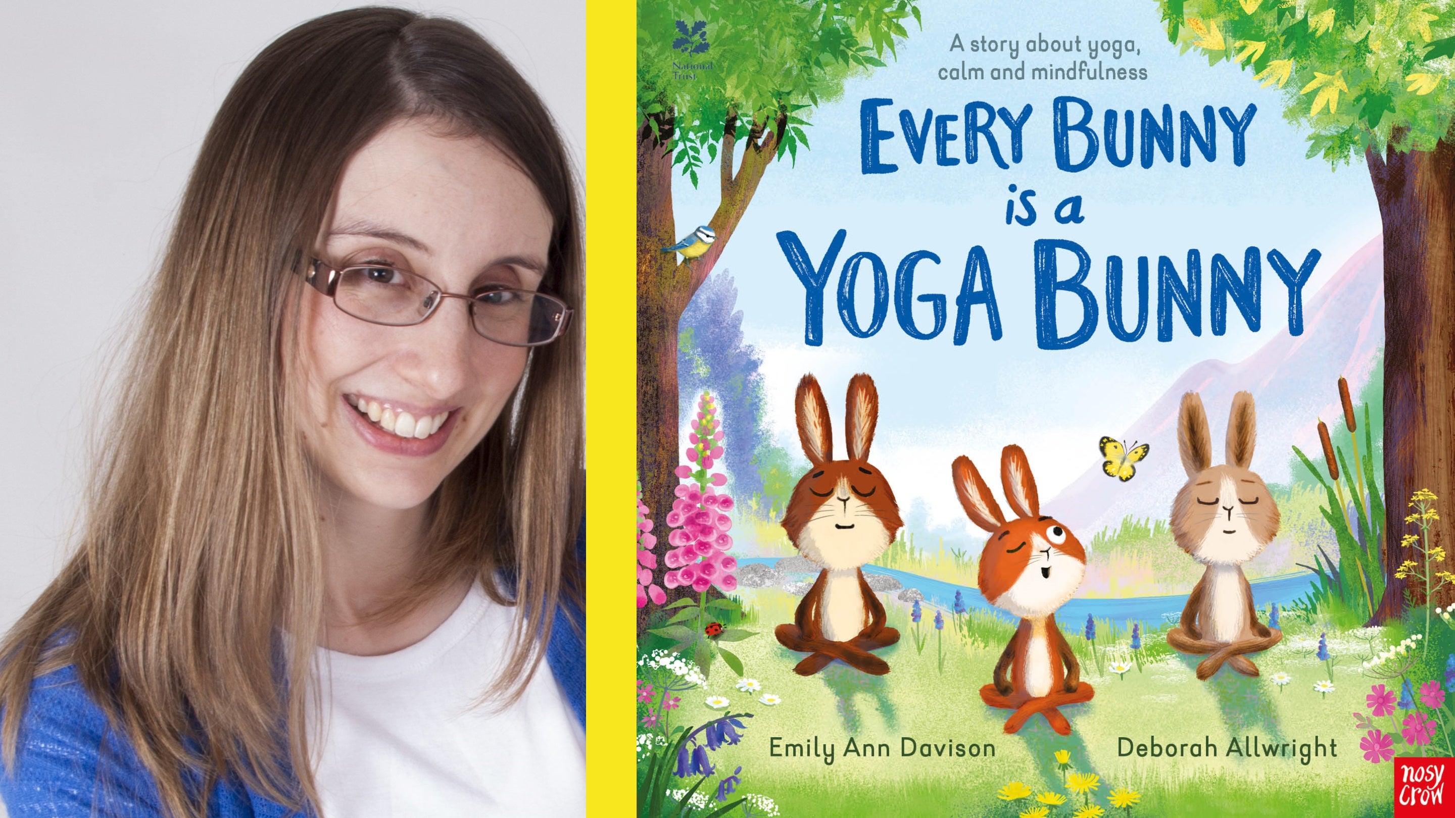Every Bunny is a Yoga Bunny book cover illustration of 3 bunny rabbits sitting cross-legged in a woodland beside a stream and photo of the author, a woman with long hair and glasses