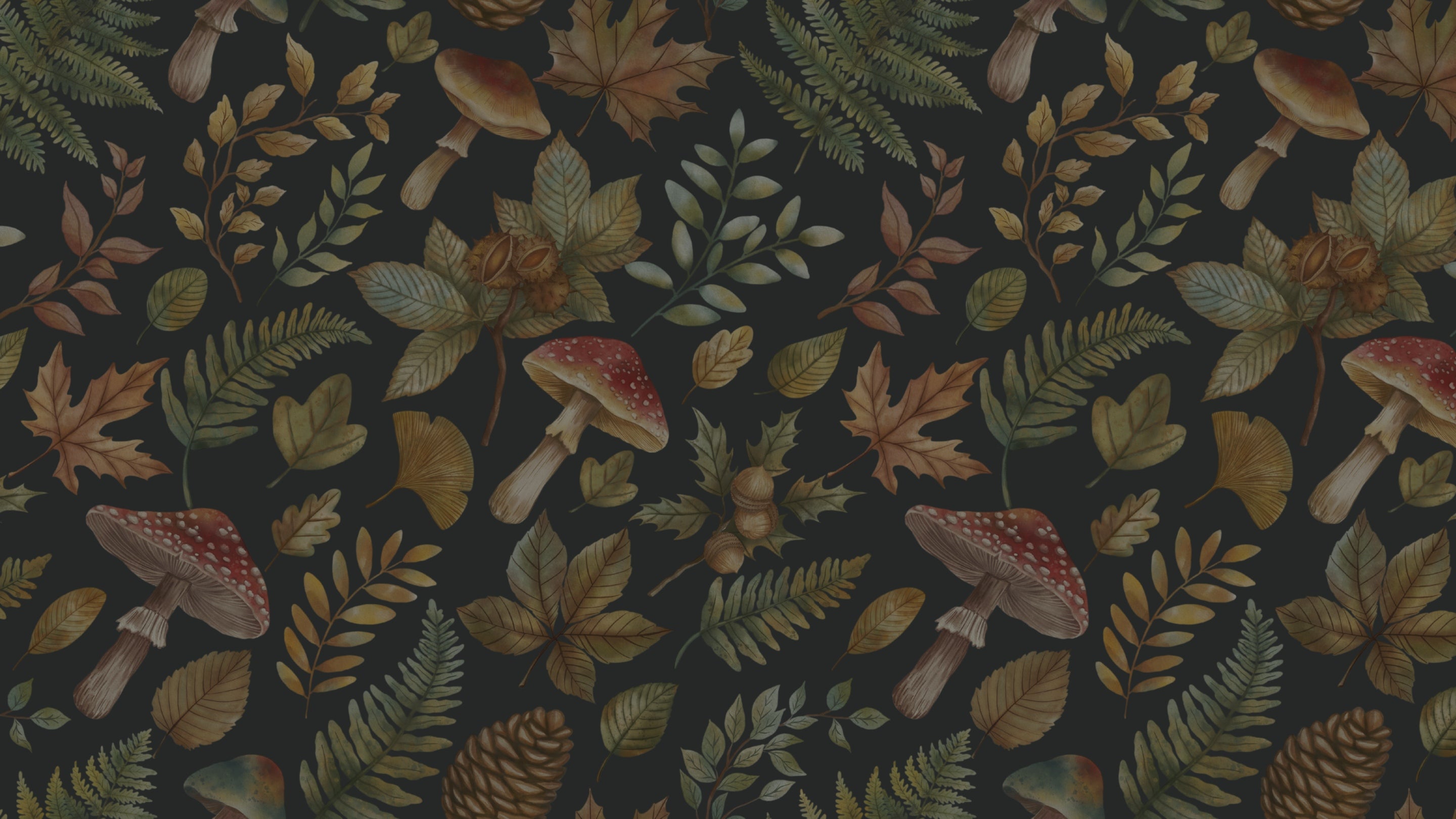 Autumnal leaves, fungi, pinecones form an artistic patterned background