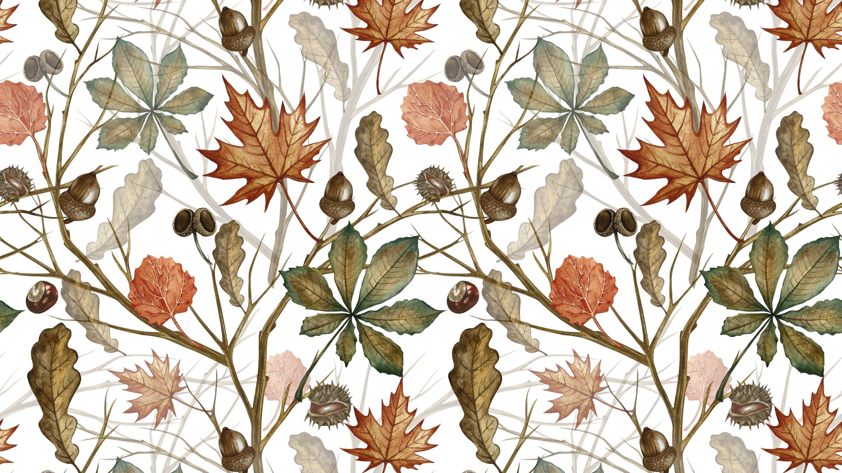 leaves, branches, seeds in autumnal orange, brown and green colours