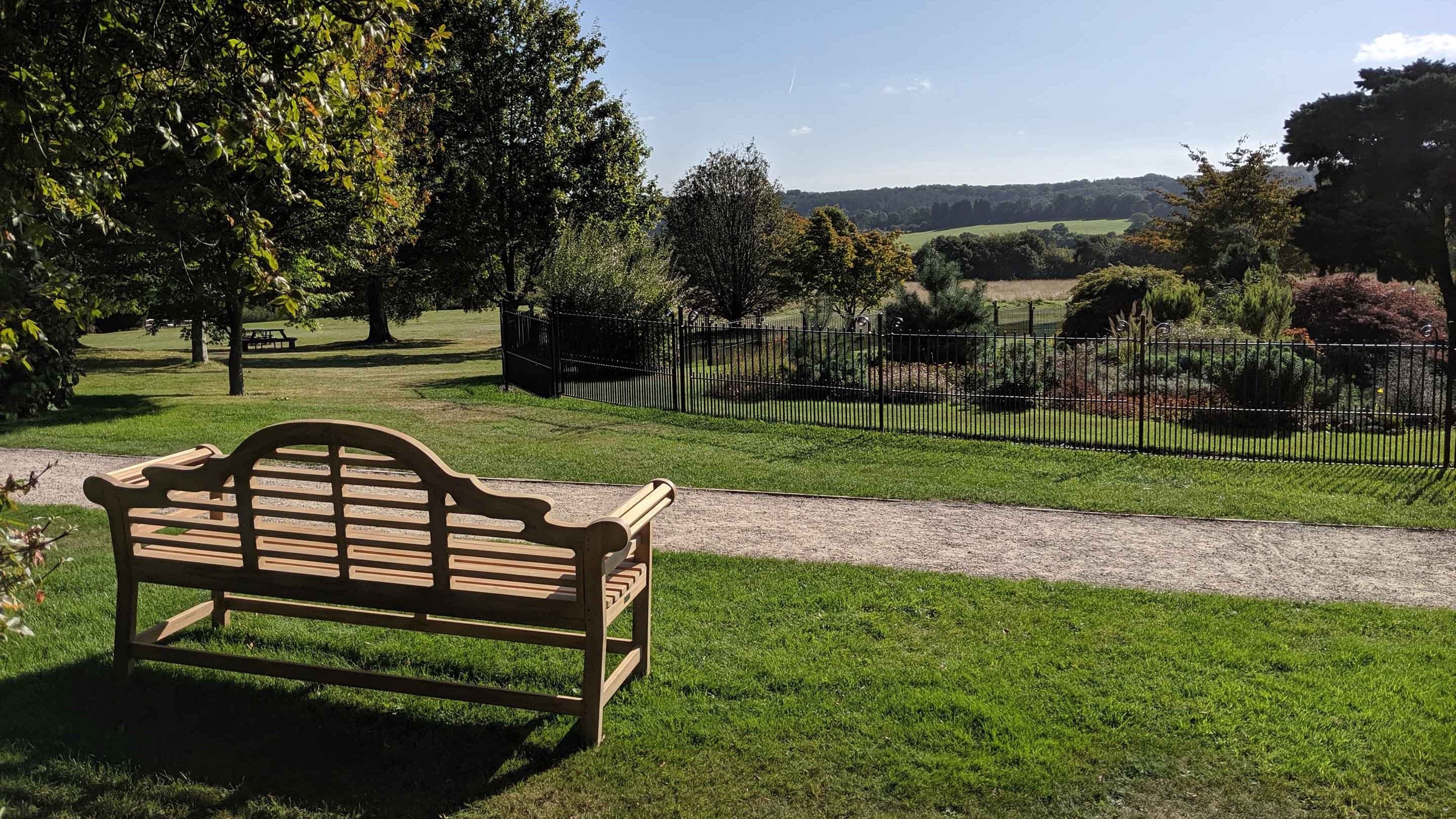 View from the memorial bench looking towards the surrounding countryside at Emmetts Garden