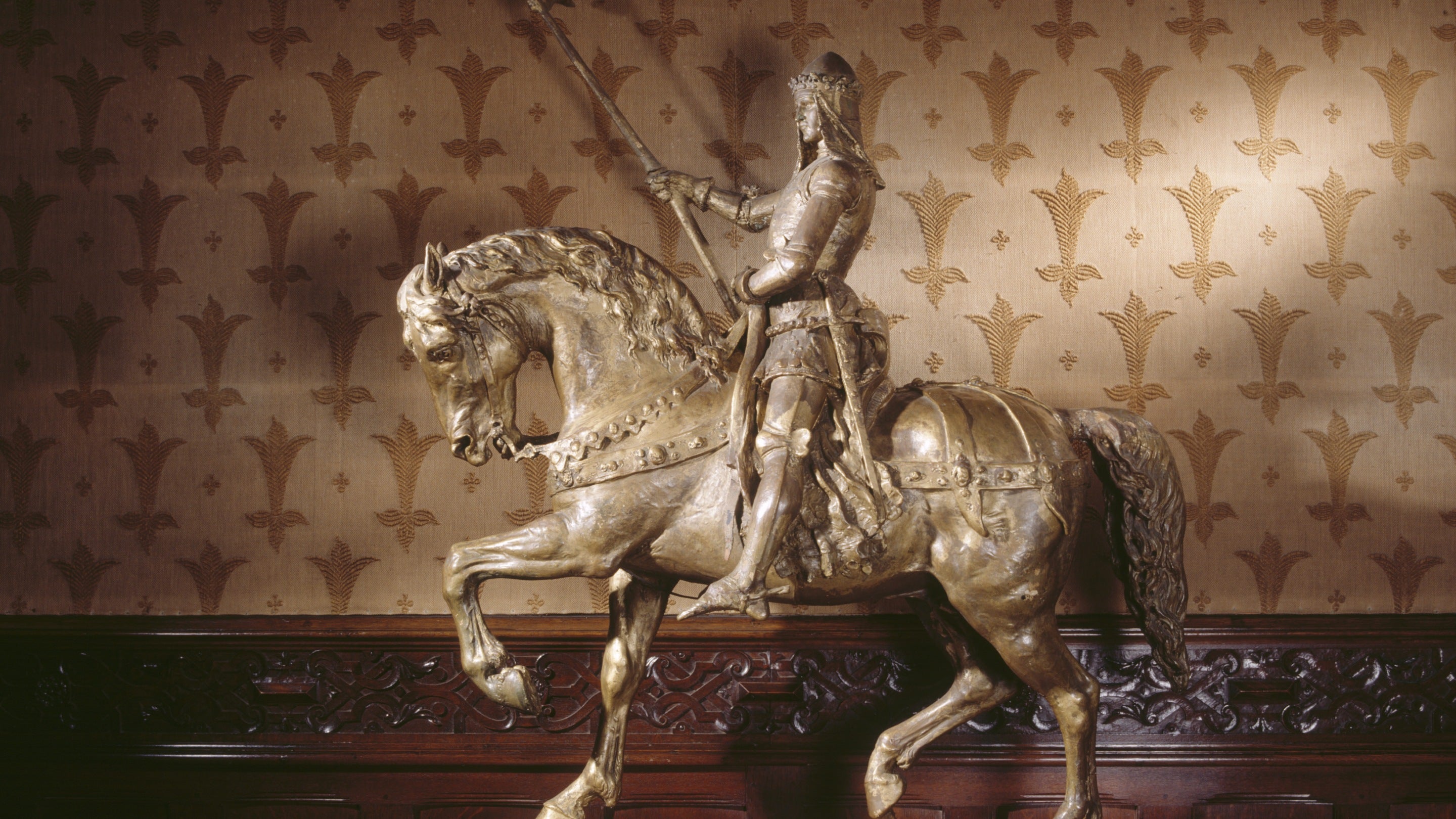 A bronze statue in the Outer Hall at Ightham Mote of the Black Prince at Canterbury by Edouard Lanteri