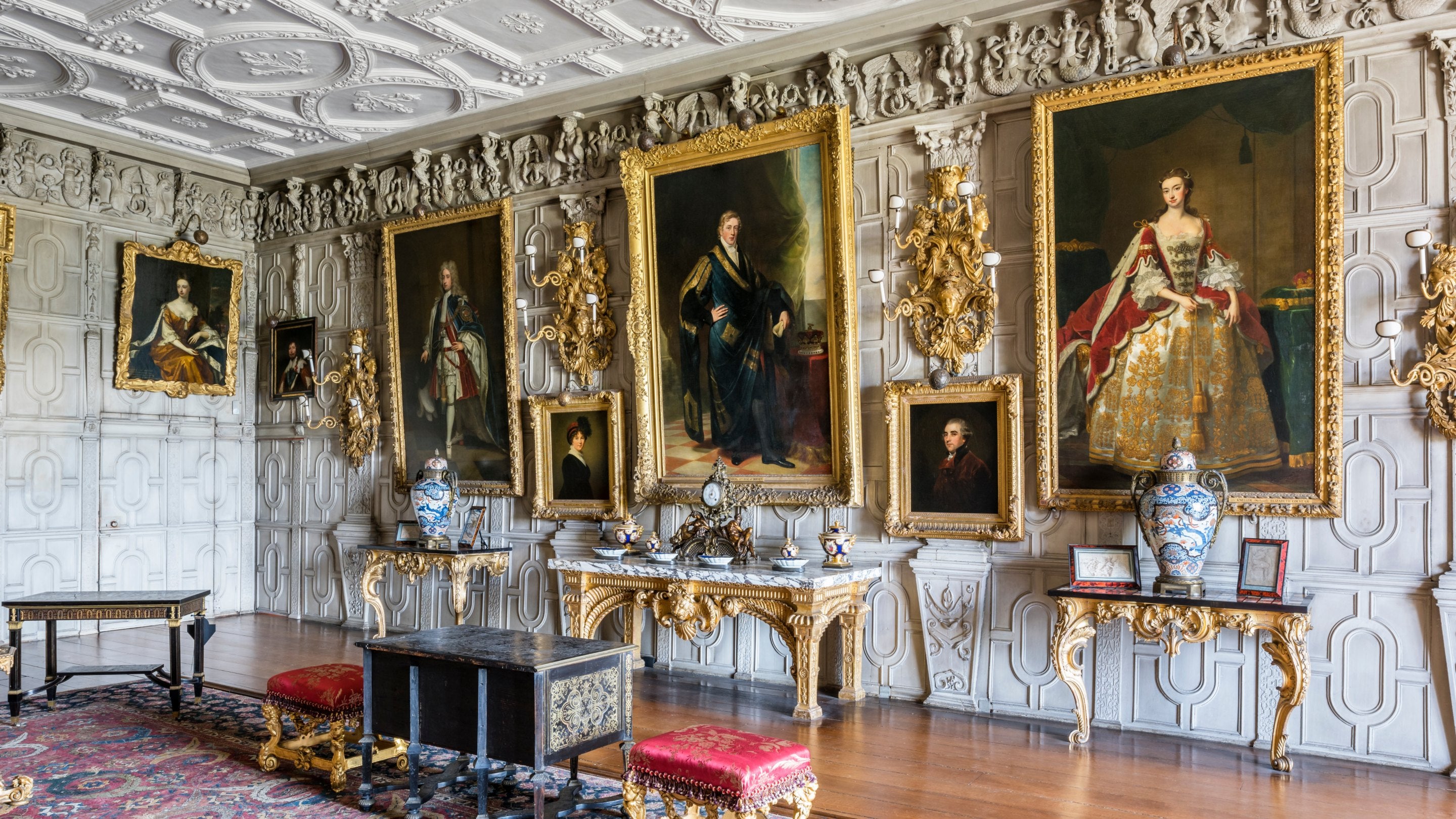 View of the Ballroom portraits at Knole, Kent