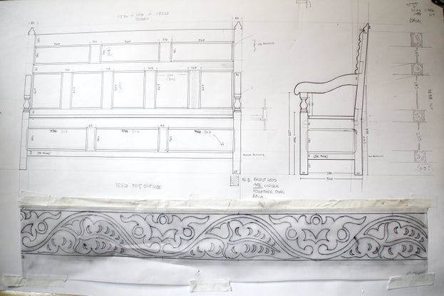 Sketches on grey or black on a white background. The sketches are off a bench and an ornate pattern.