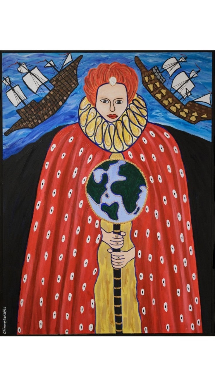 A painting of a woman in a red cloak holding a globe on a stake in front of her. She has red hair. There are two ships on a blue sea behind her.