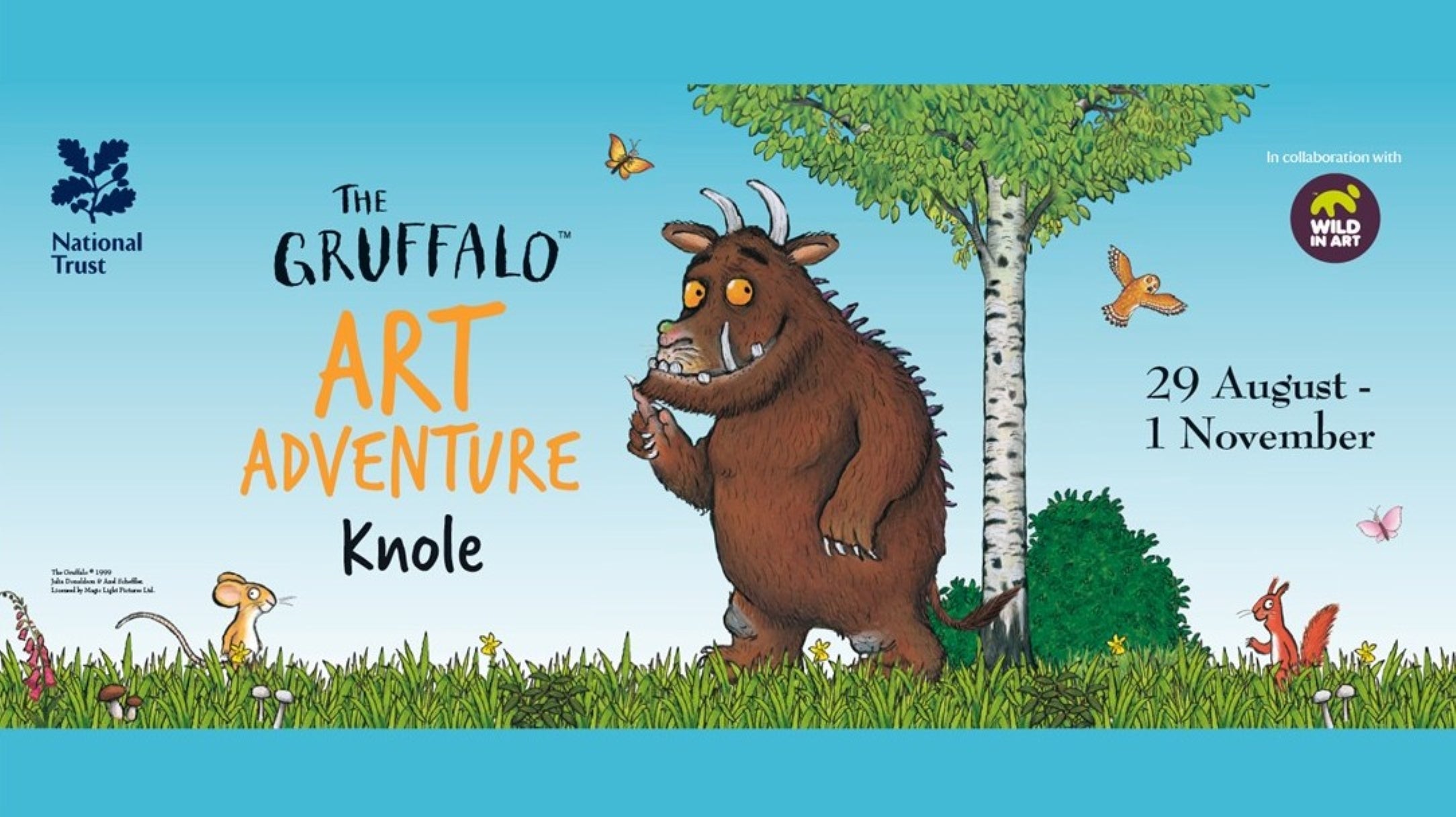 An illustration on a blue background of a brown creature with horns, big teeth orange eyes and spikes on its back, standing in some grass and next to a tree.