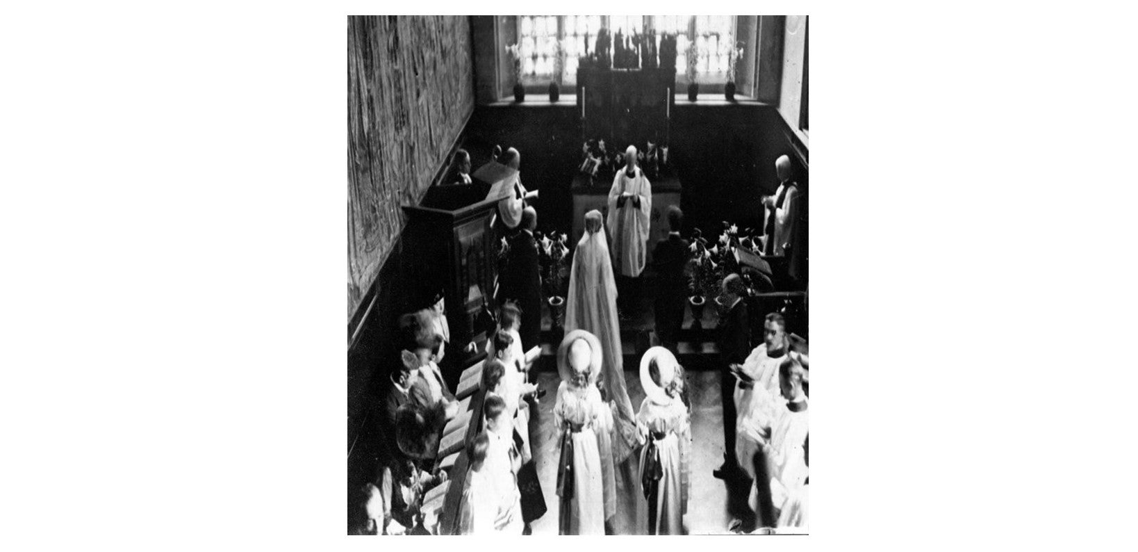 Black and white photo of marriage of Vita Sackville-West and Harold Nicolson at chapel at Knole , Kent