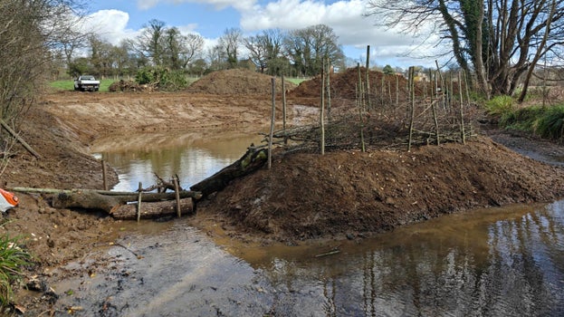 Image of a pond surrounded by an earth bank with an island in the midde and a leaky dam comprising a number of logs between the bank and the island on a sunny day with white clouds