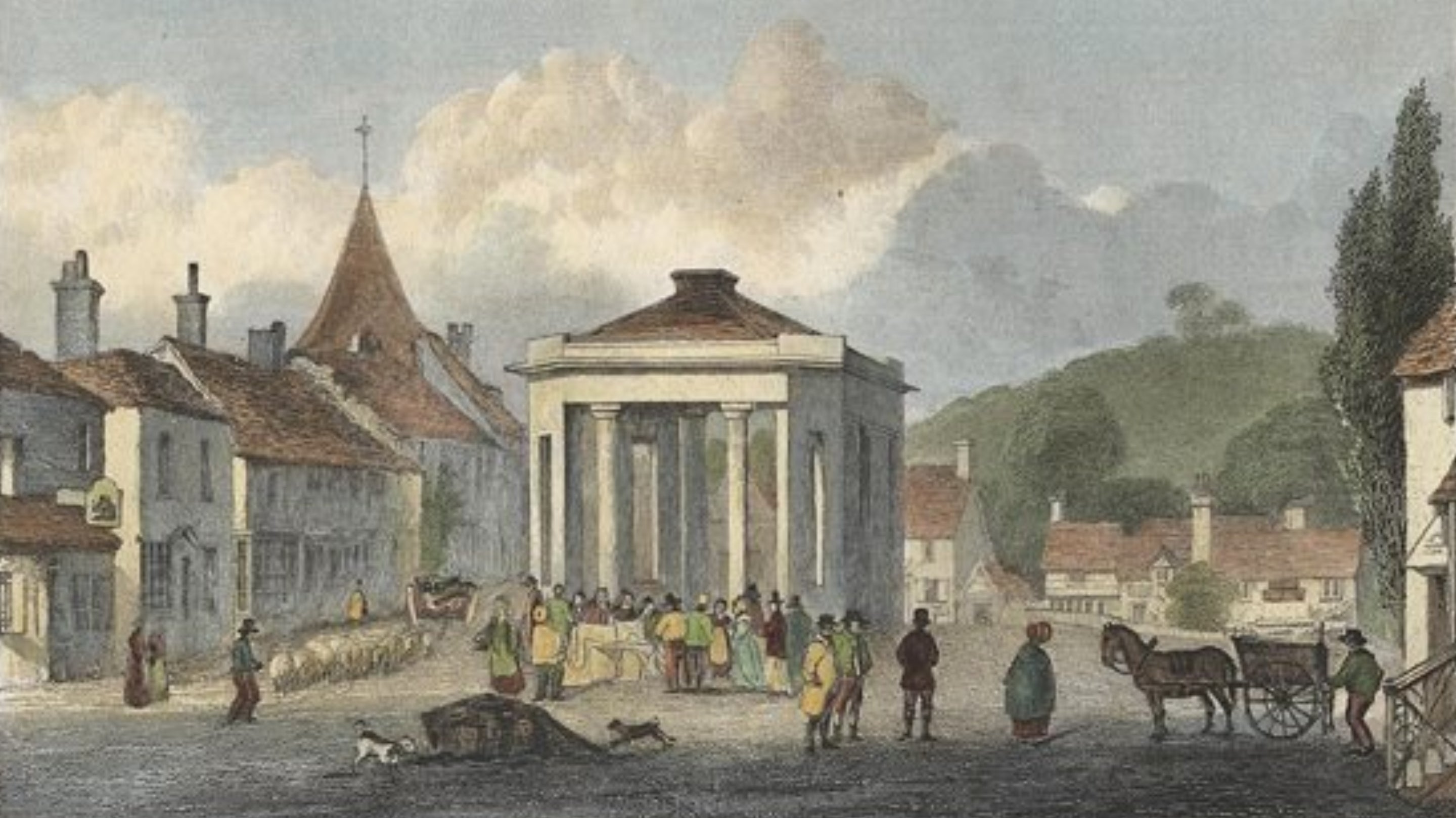 1832 colour illustration of Westerham Green depicting buildings, horse and cart, market traders, dogs and surrounding countryside beneath a clouded sky.