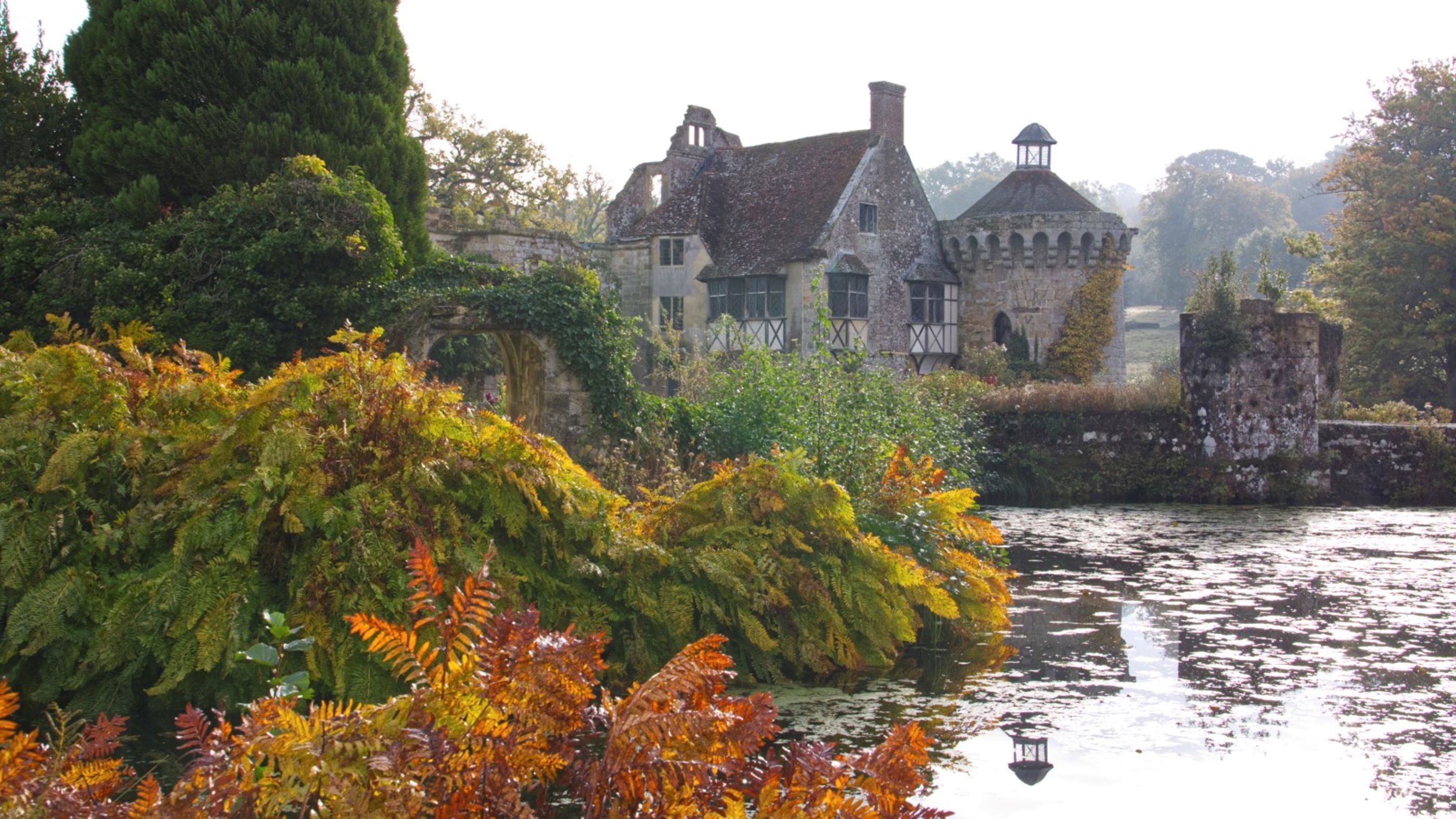 An old ruined castle and moat with autumn foliage in the foreground