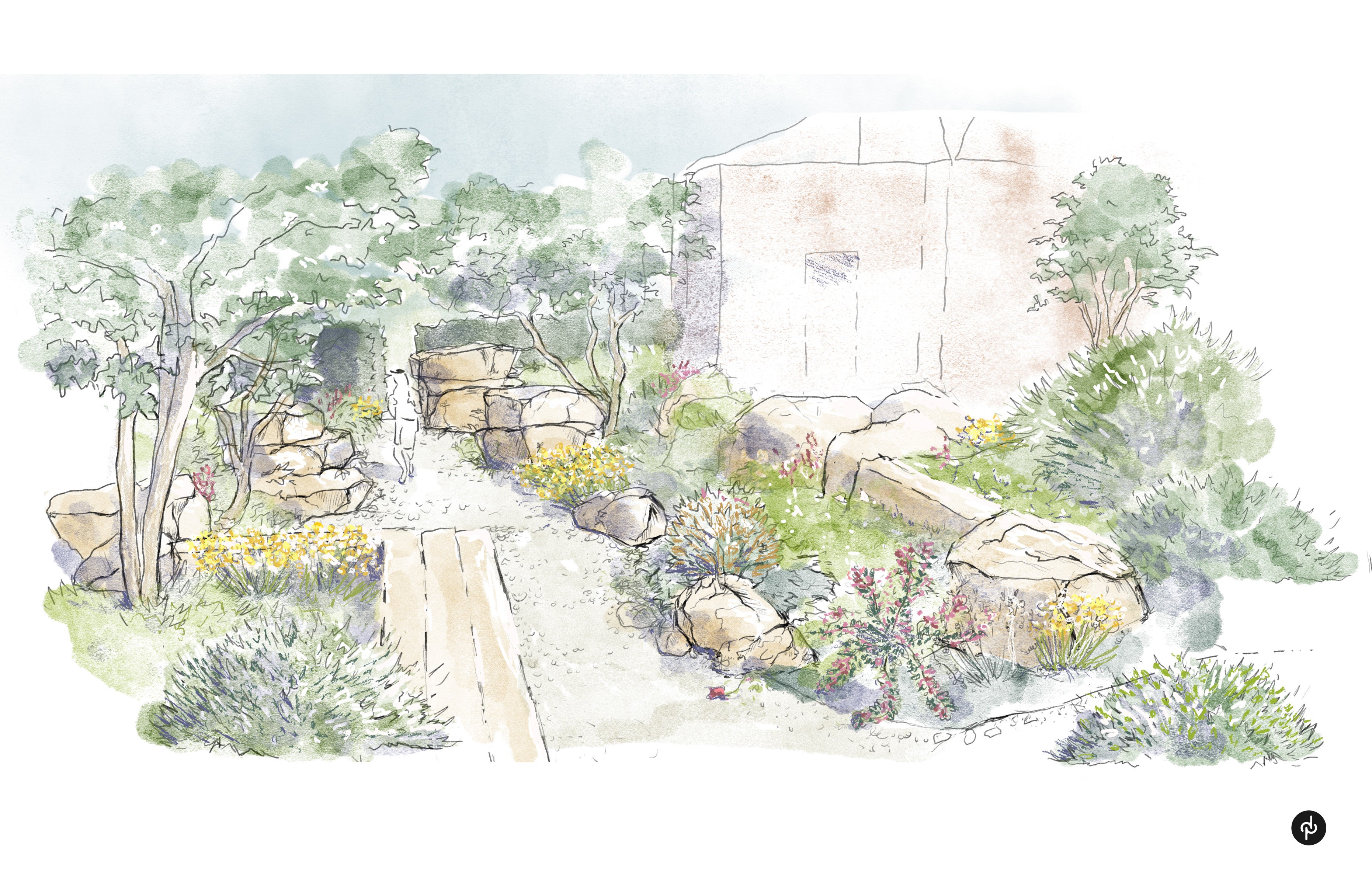 Illustrated concept art of the upcoming work in the Delos garden