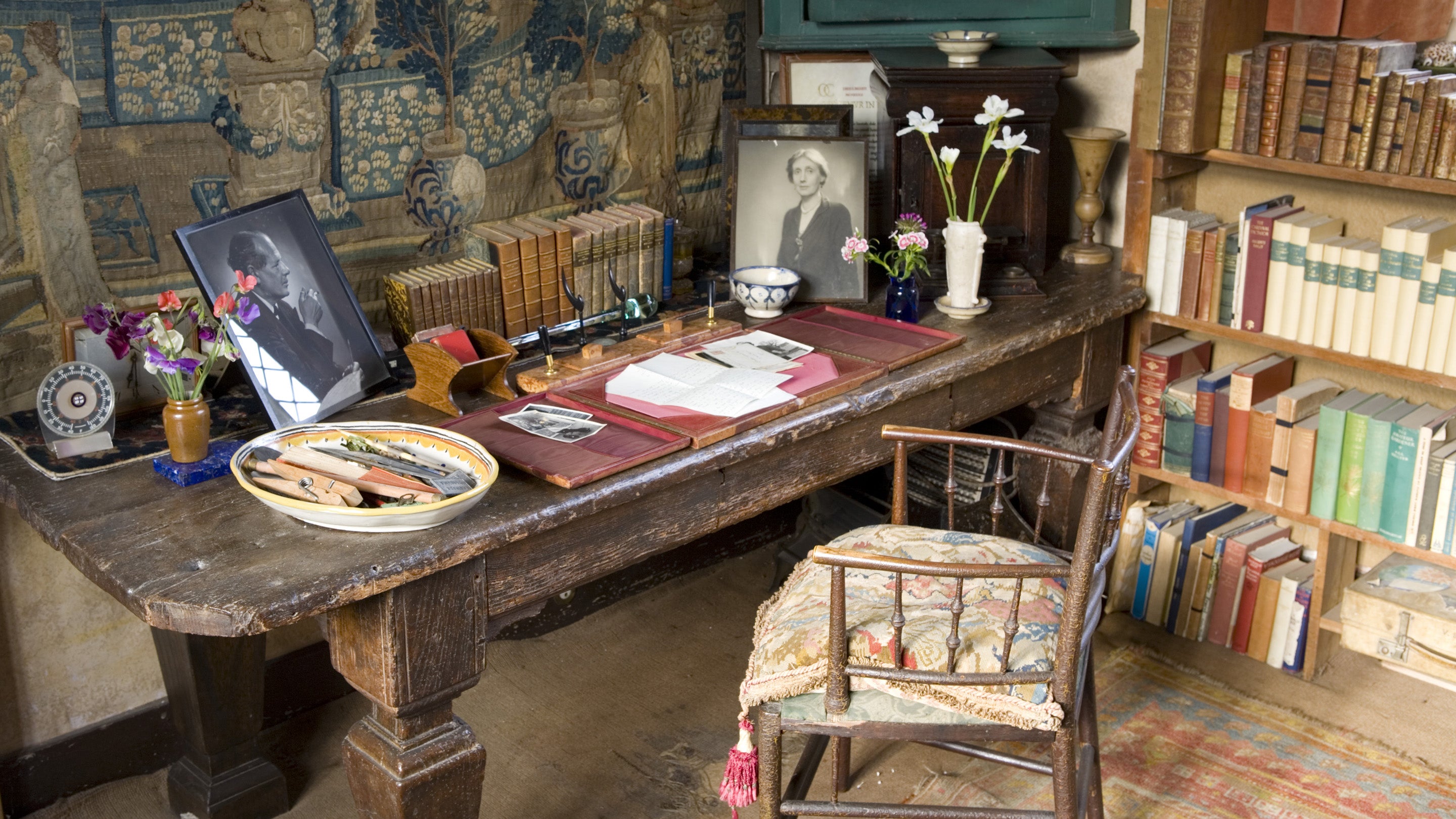 Vita Sackville-West's desk in the Writing Room in the Tower at Sissinghurst Castle Garden, Kent