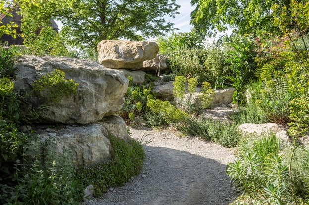 Large stacked rocks and a crushed stone path create the feel of a ravine