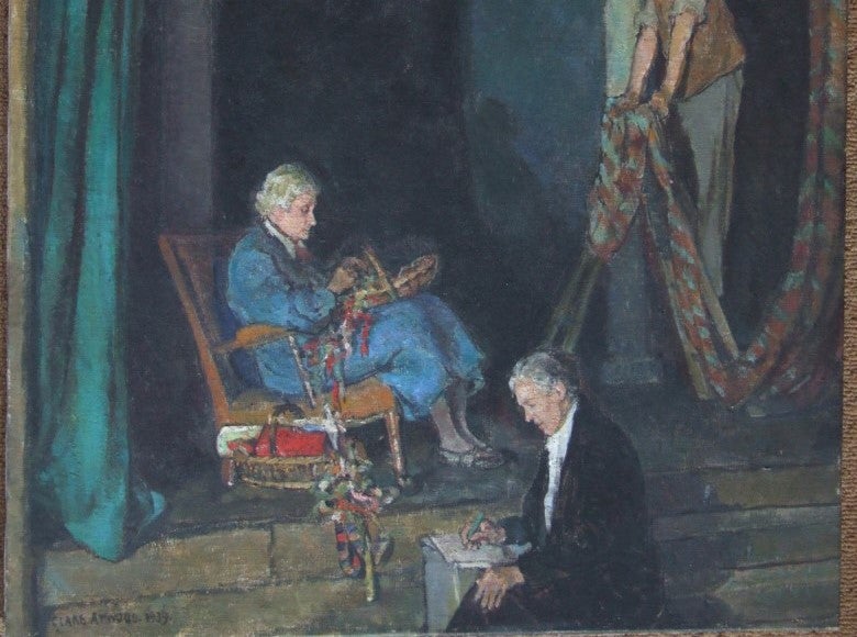 Edy Craig seated on the Barn Theatre stage with her solicitor Irene Cooper-Willis, painted by Clare 'Tony' Atwood