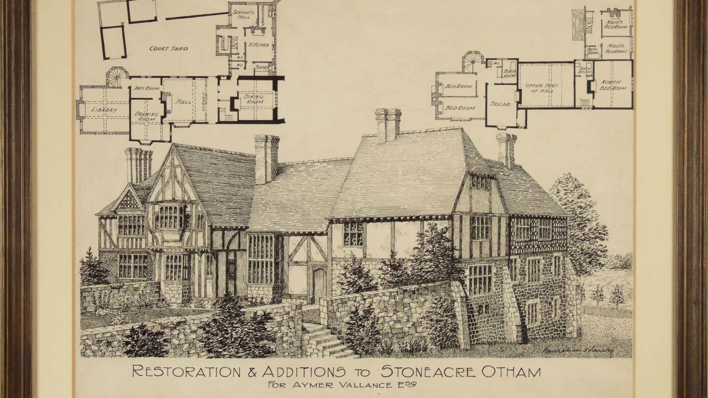 Black and white sketch of Stoneacre by Marshall Harvey after restoration by Aymer Vallance