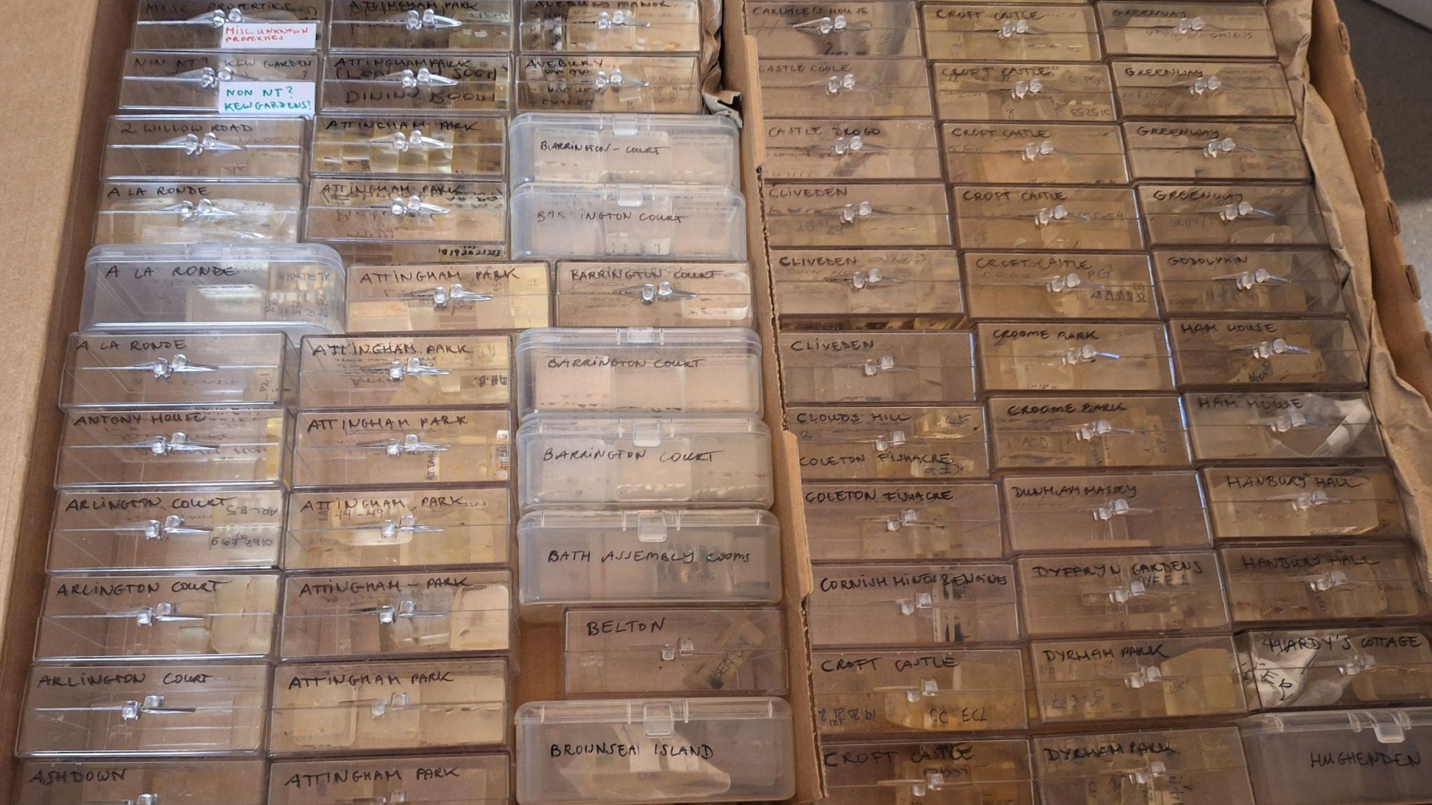 A large cardboard box containing many boxes of architectural paint samples to be catalogued at the new National Trust Paint Archive, ROFCS, Kent.