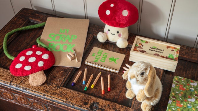 A selection of children's' gifts including soft toys, crayons, diary and scrap book