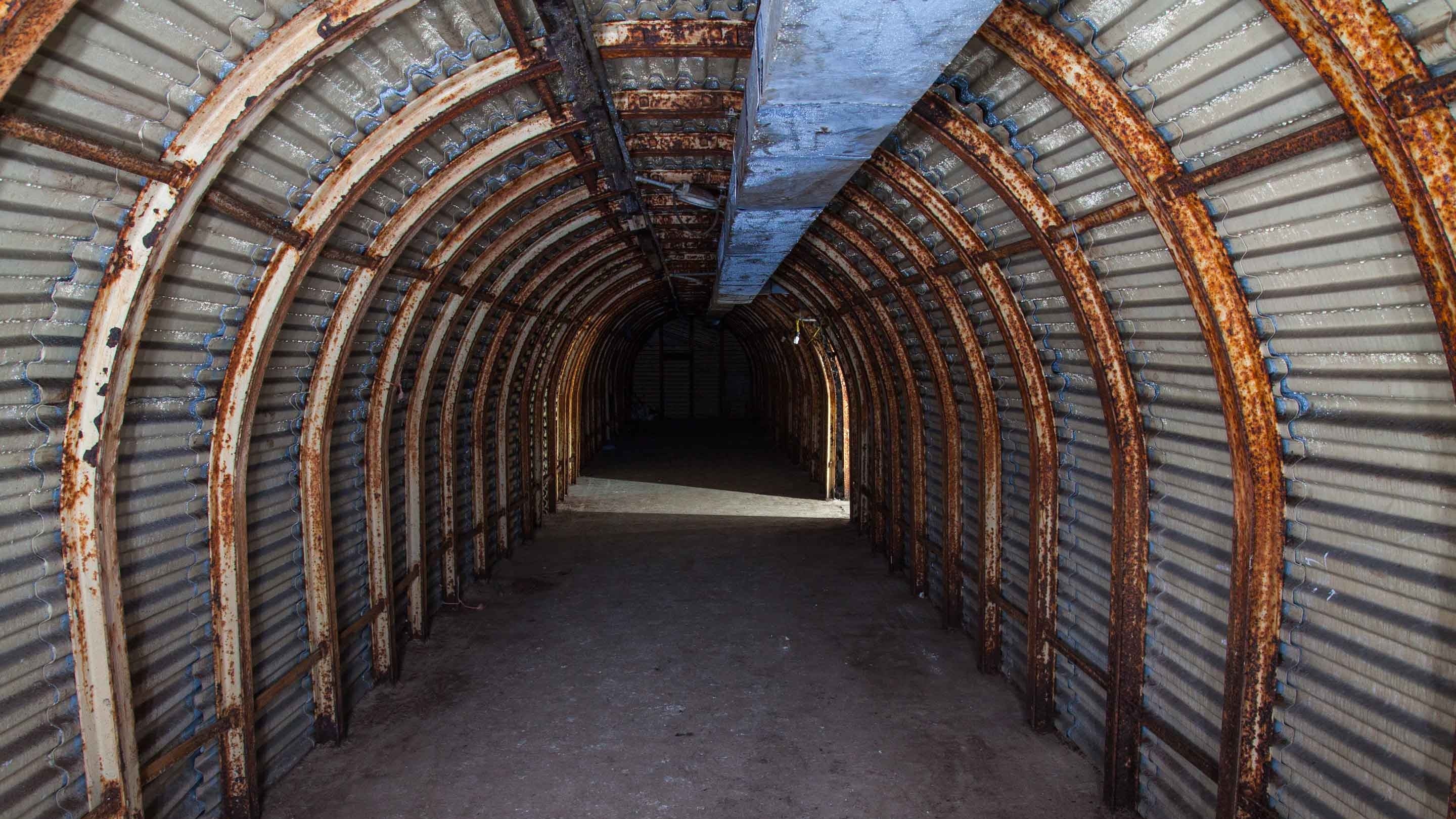 Corrugated metal interior of the Fan Bay Tunnels, commissioned by Winston Churchill in the Second World War, at The White Cliffs of Dover, Kent