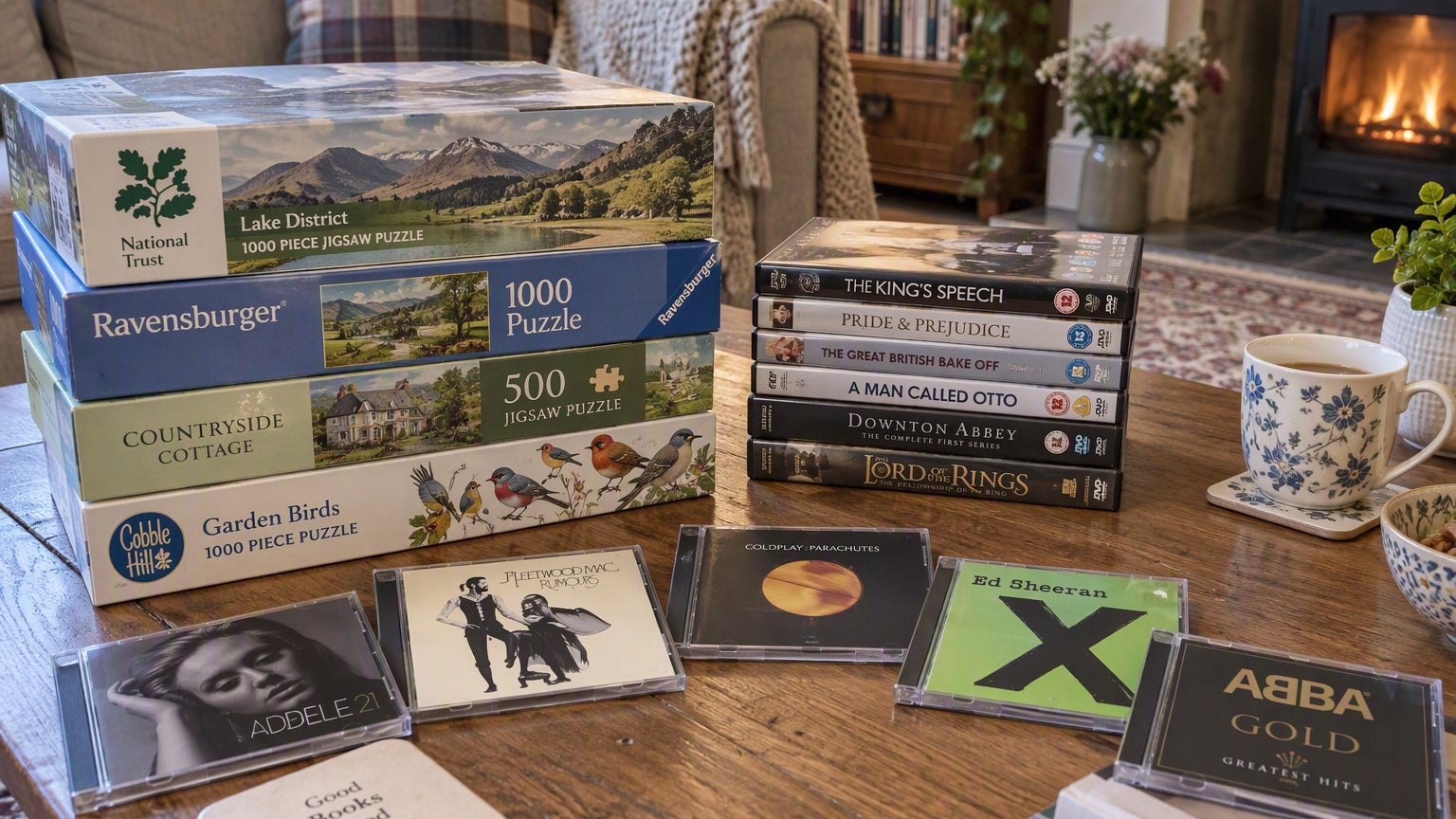 A selection of jigsaws, DVDs and CDs on a coffee table in front of a roaring fire