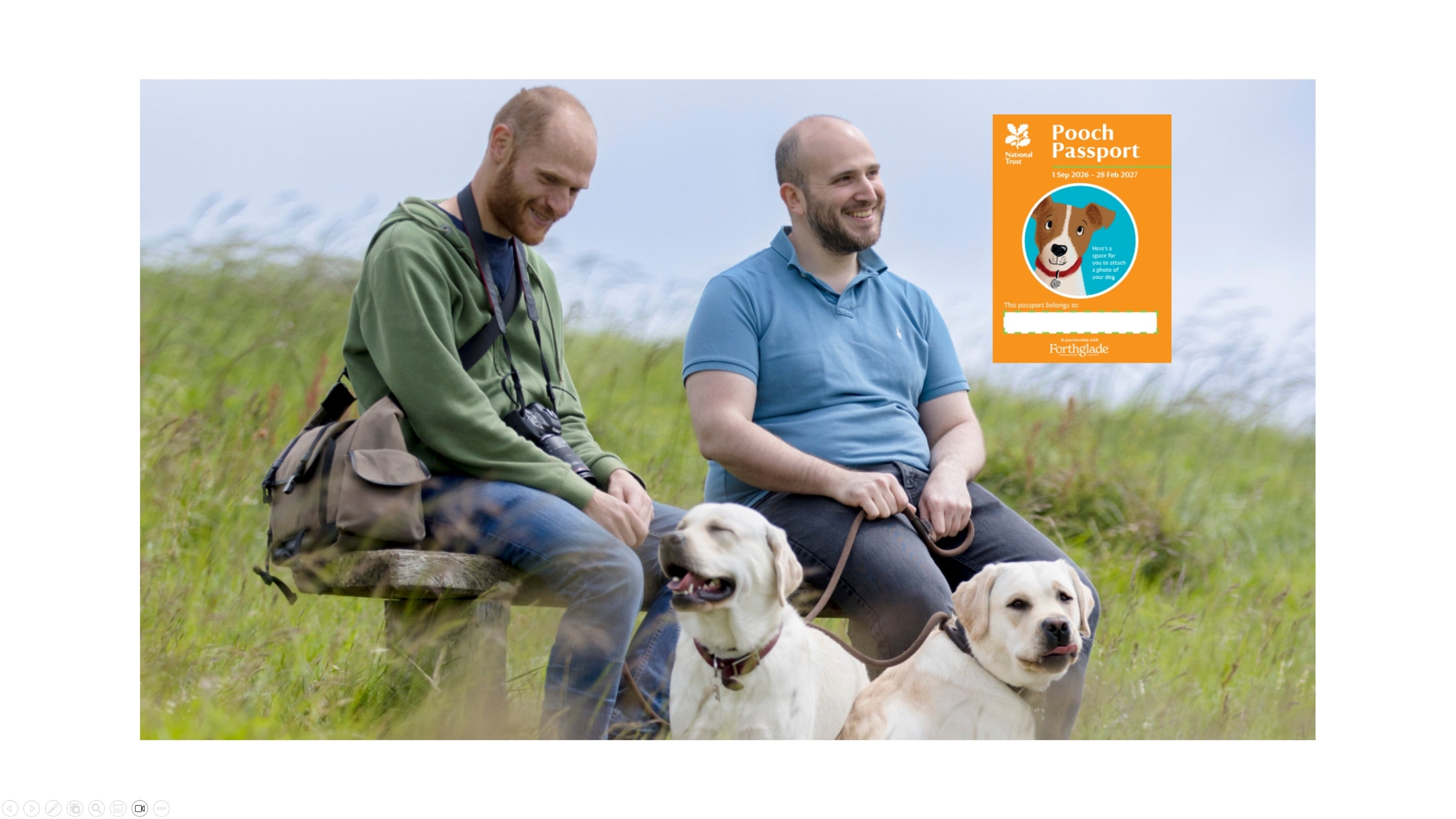 Two men resting on a bench with their dogs at their feet in long grass with an orange Pooch Passport icon