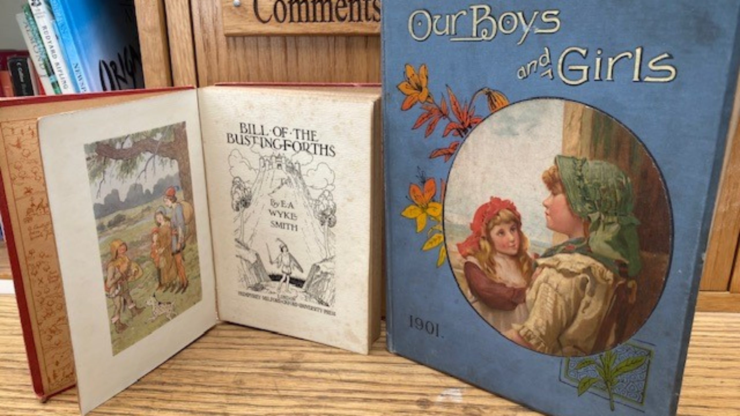 An image of two old books stacked upright on a wooden bookshelf