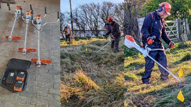 A collage of images showing three new electric brush cutters and the units in use on tall grass