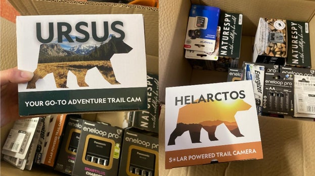 A collage of images showing our new trail cameras being unpacked