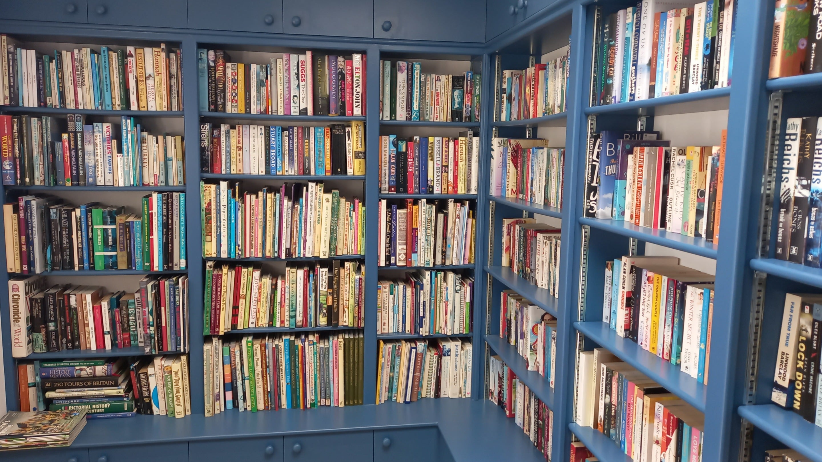An image of books on blue-painted bookshelves