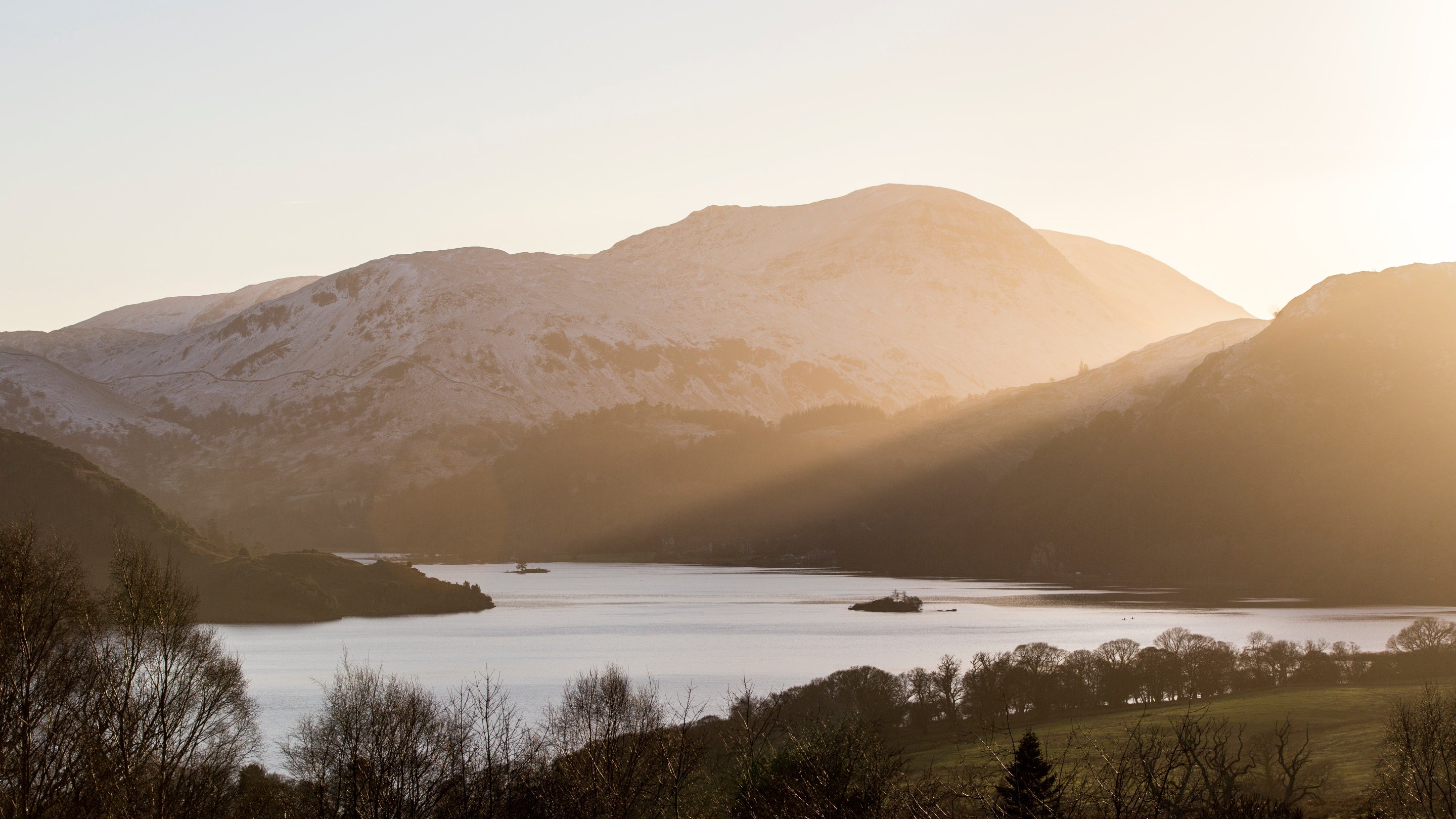 Sunset views from the Gowbarrow Fell trail at Aira Force and Ullswater, Cumbria