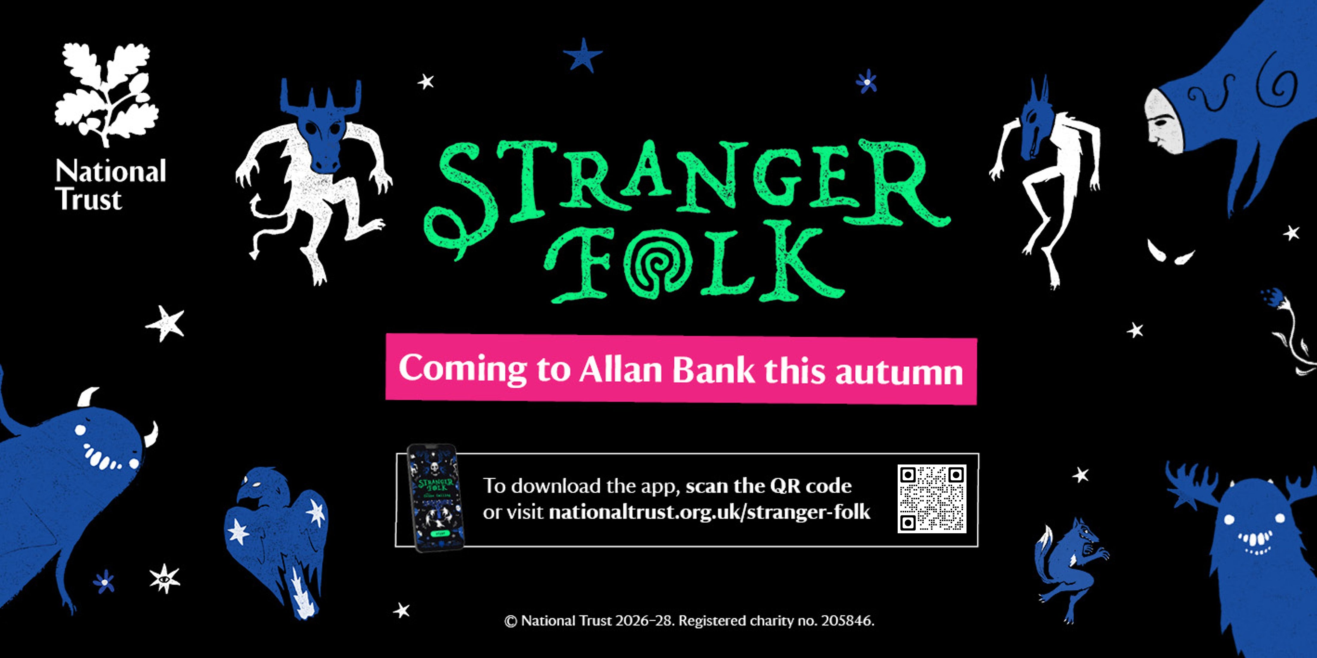 Stranger Folk promotional graphic featuring folklore-inspired creatures and woodland illustrations, with text inviting visitors to "Adventure into British folklore" at Allan Bank