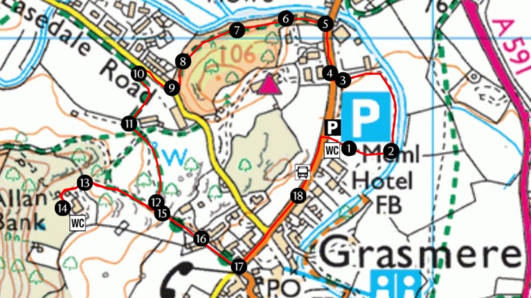 The ciruclar walking trail route from Grasmere Village to Allan Bank